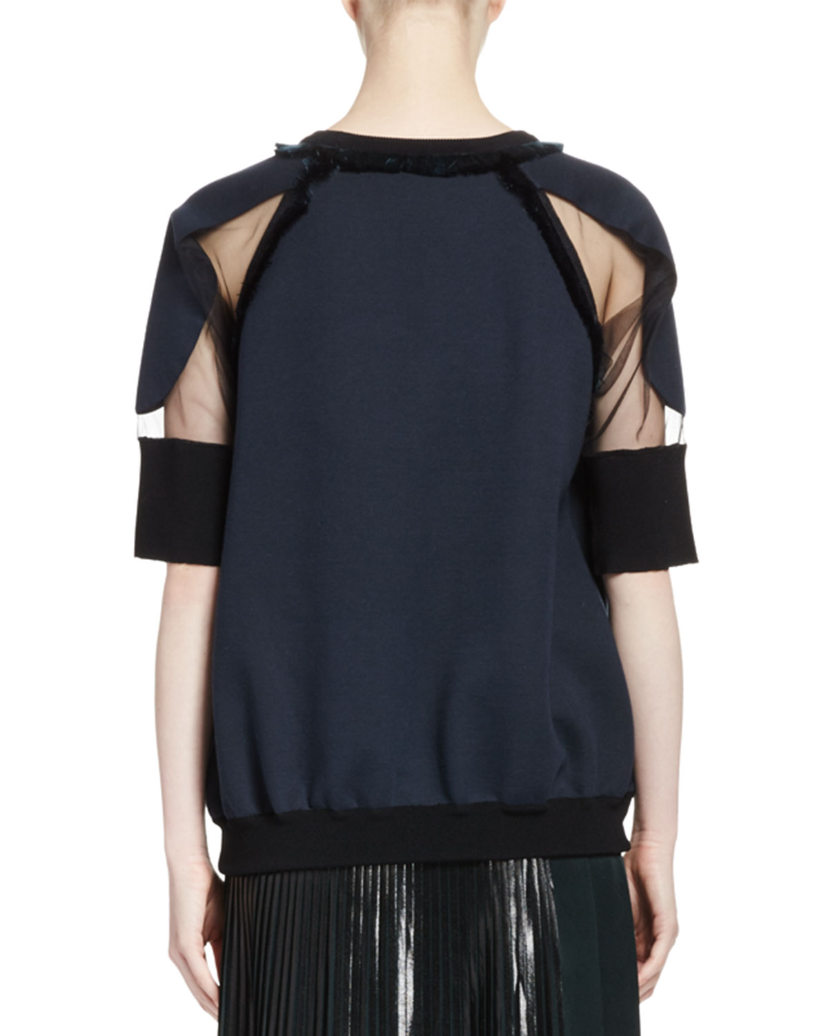 Half-Sleeve Bonded Tulle Jersey Top, Navy