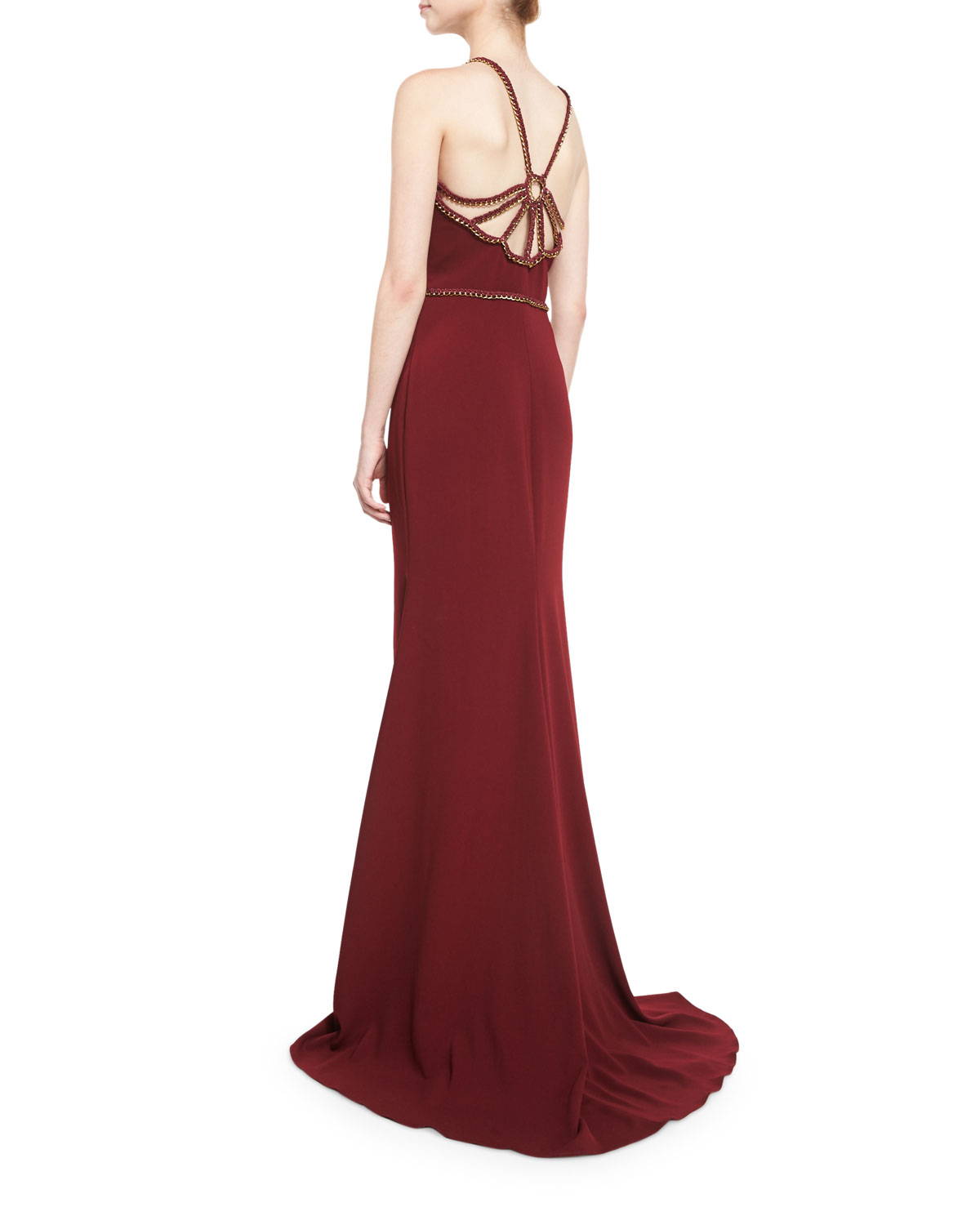 Chain-Trim Strappy-Back Gown, Bordeaux