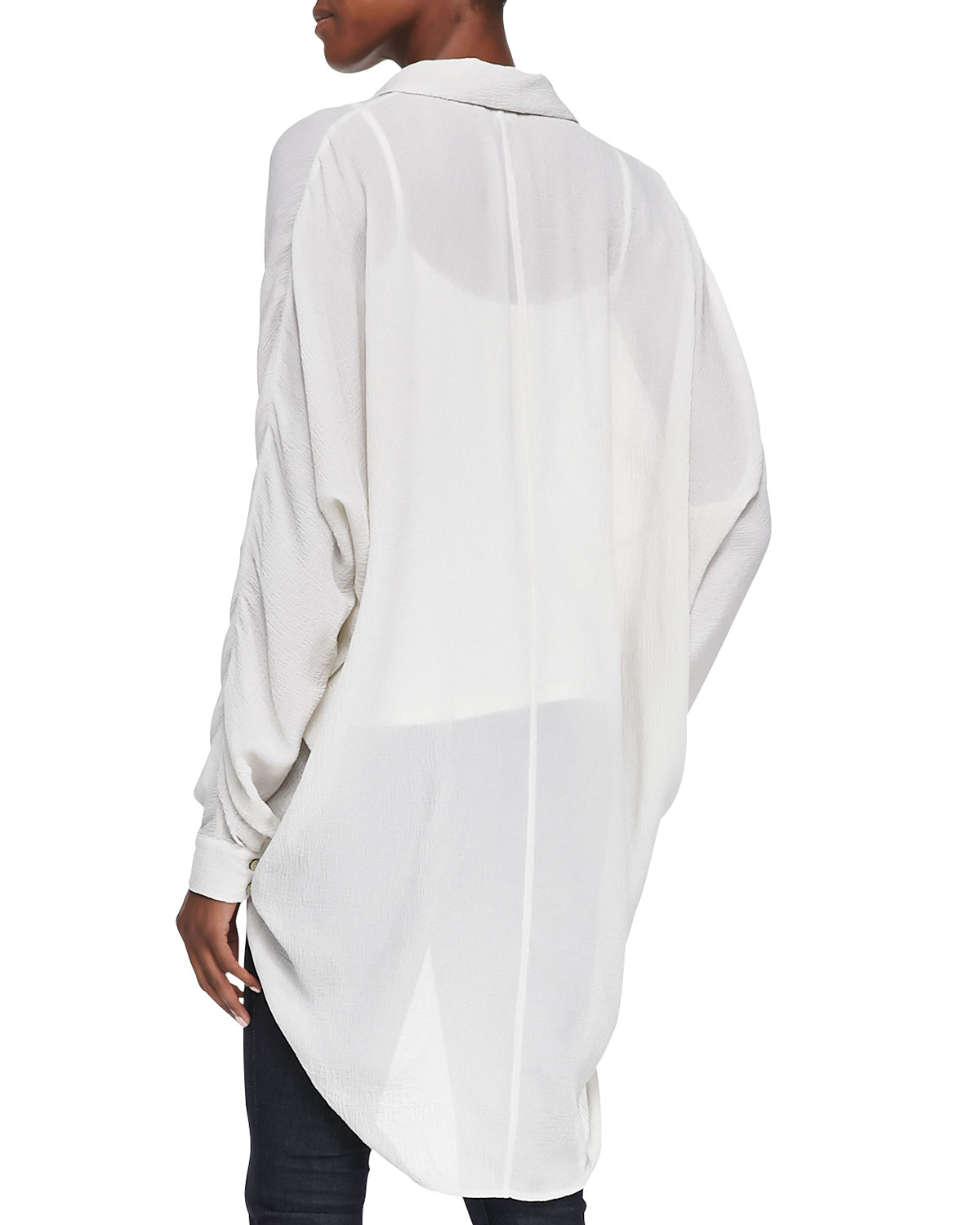 Fisher Project Crinkled Crepe High-Low Shirt, Porcelain