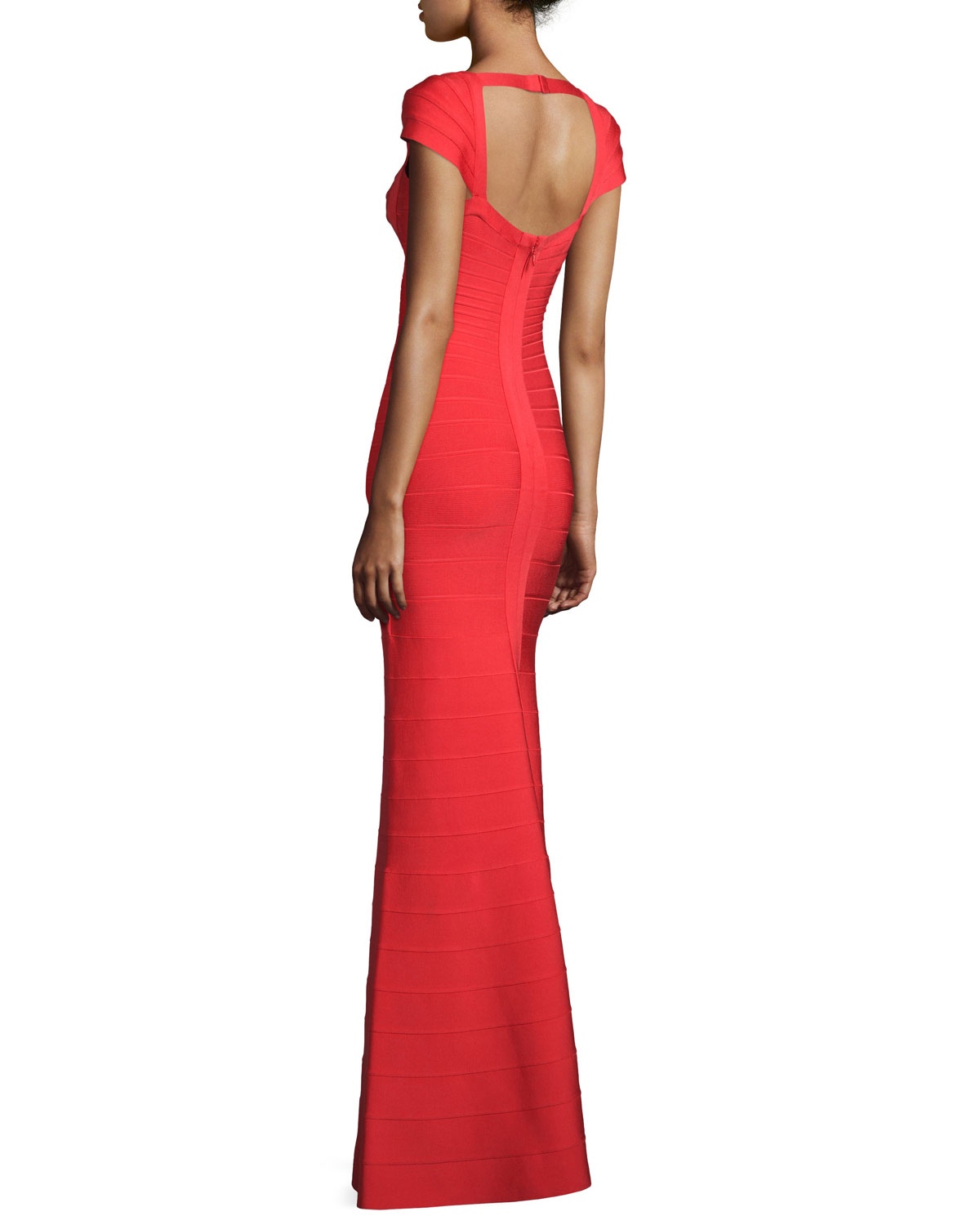 Cap-Sleeve Sweetheart Bandage Gown, Coral Poppy