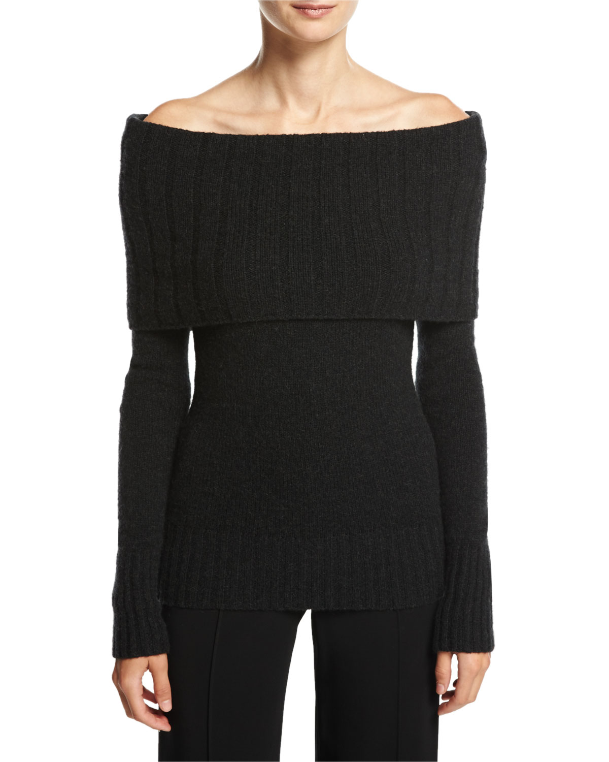 Monica Off-the-Shoulder Wool-Blend Sweater, Charcoal