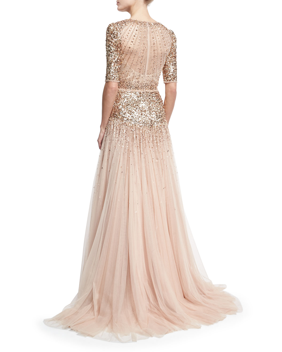 Beaded Short-Sleeve Tulle Gown