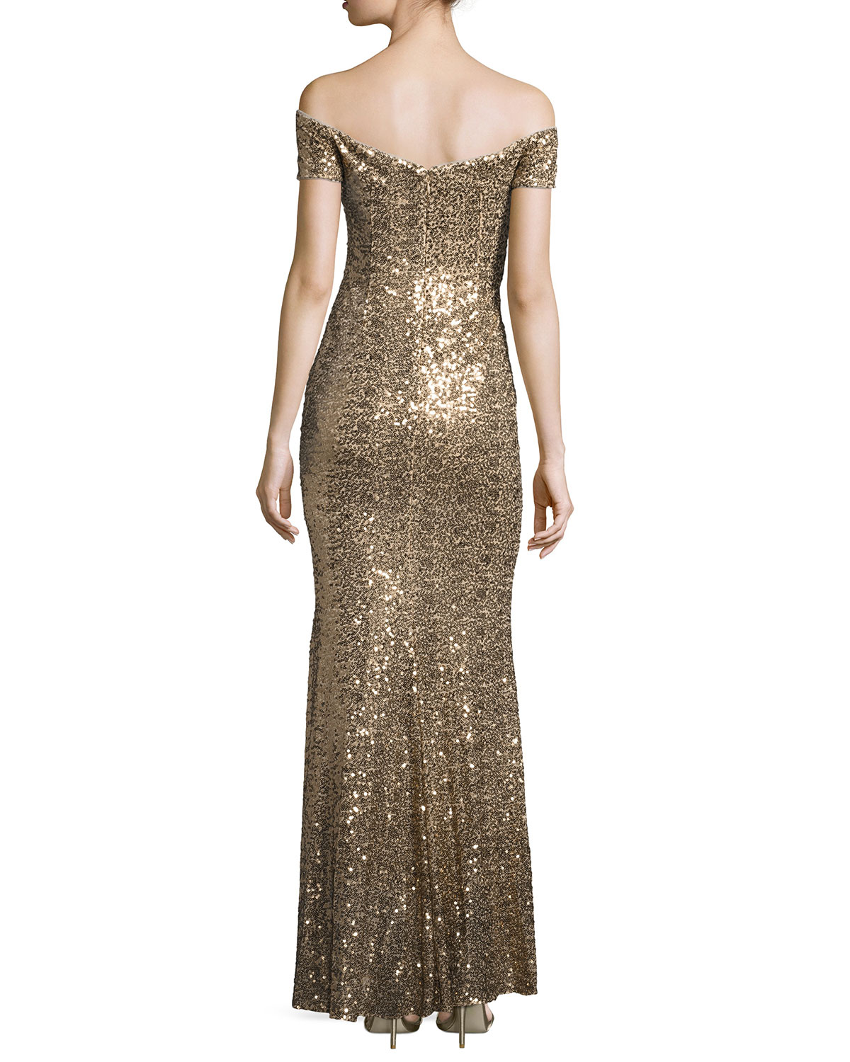 Off-the-Shoulder Sweetheart Sequin Gown, Gold