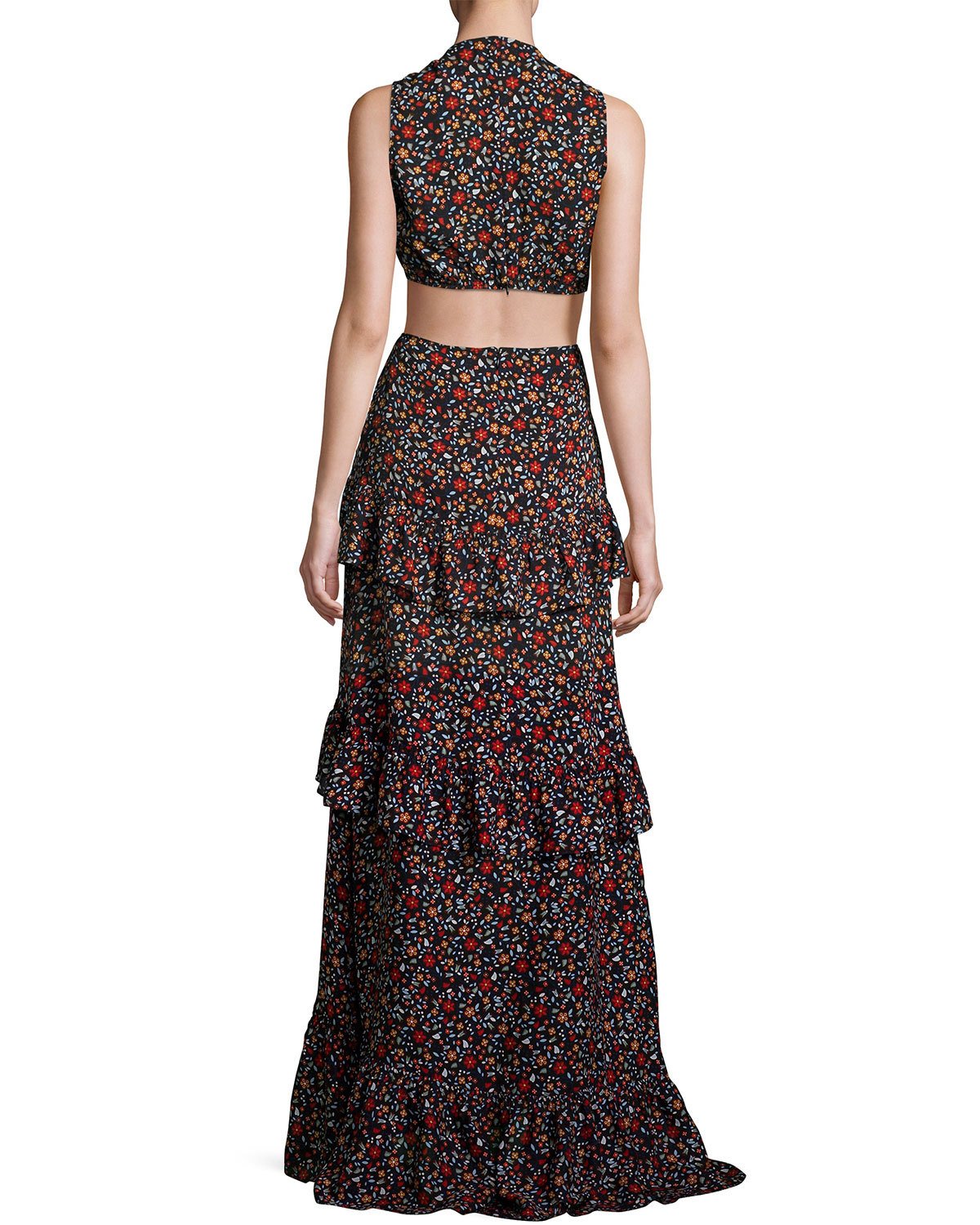 Brie Tiered Floral Silk Maxi Dress, Black/Multicolor