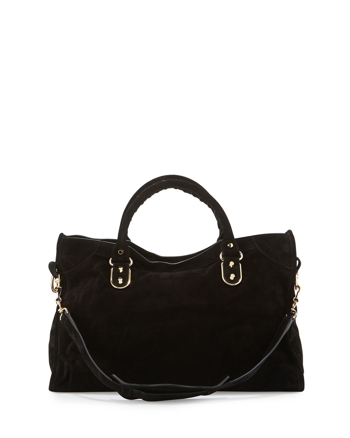 Metallic Edge Suede City Bag, Black