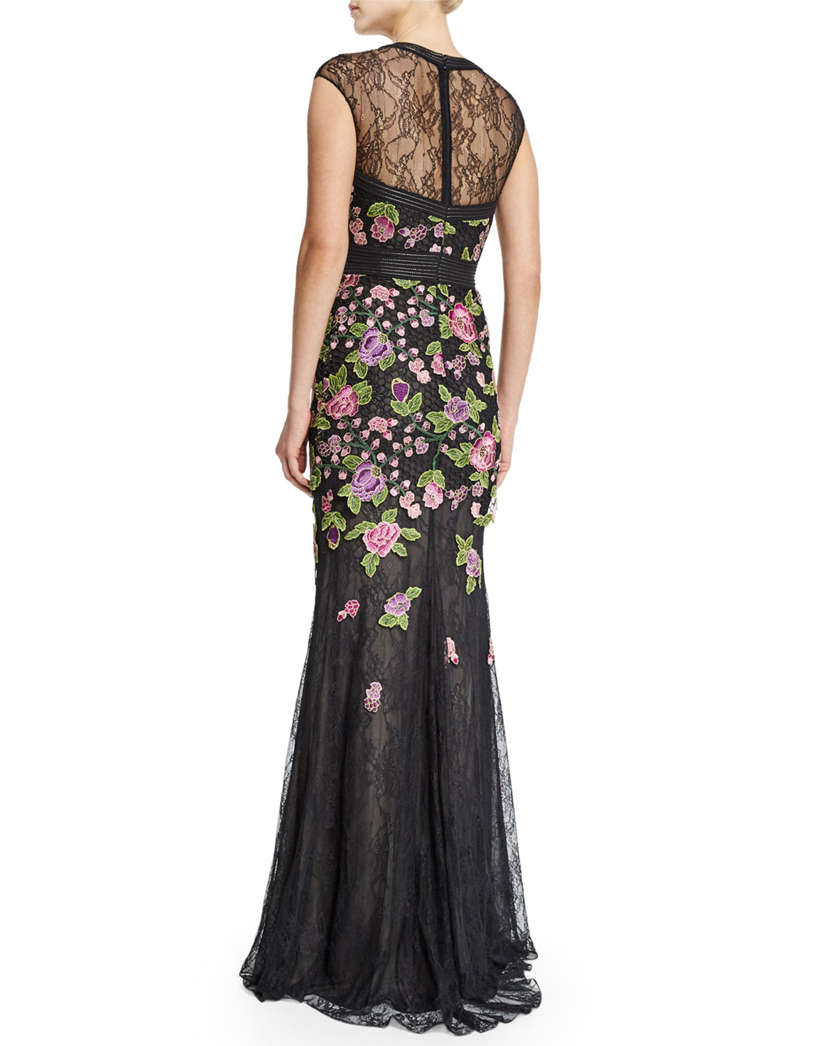 Cap-Sleeve Floral-Embroidered Gown, Black/Multi