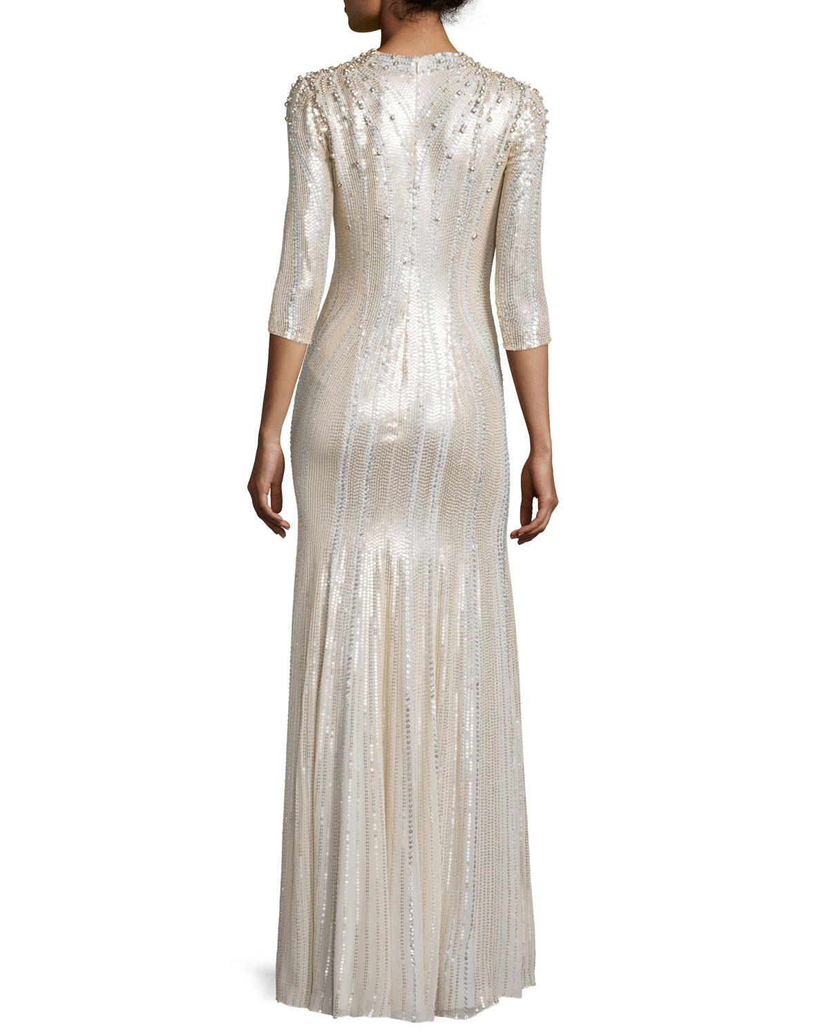 Long-Sleeve V-Neck Sequin Gown, Lunar 