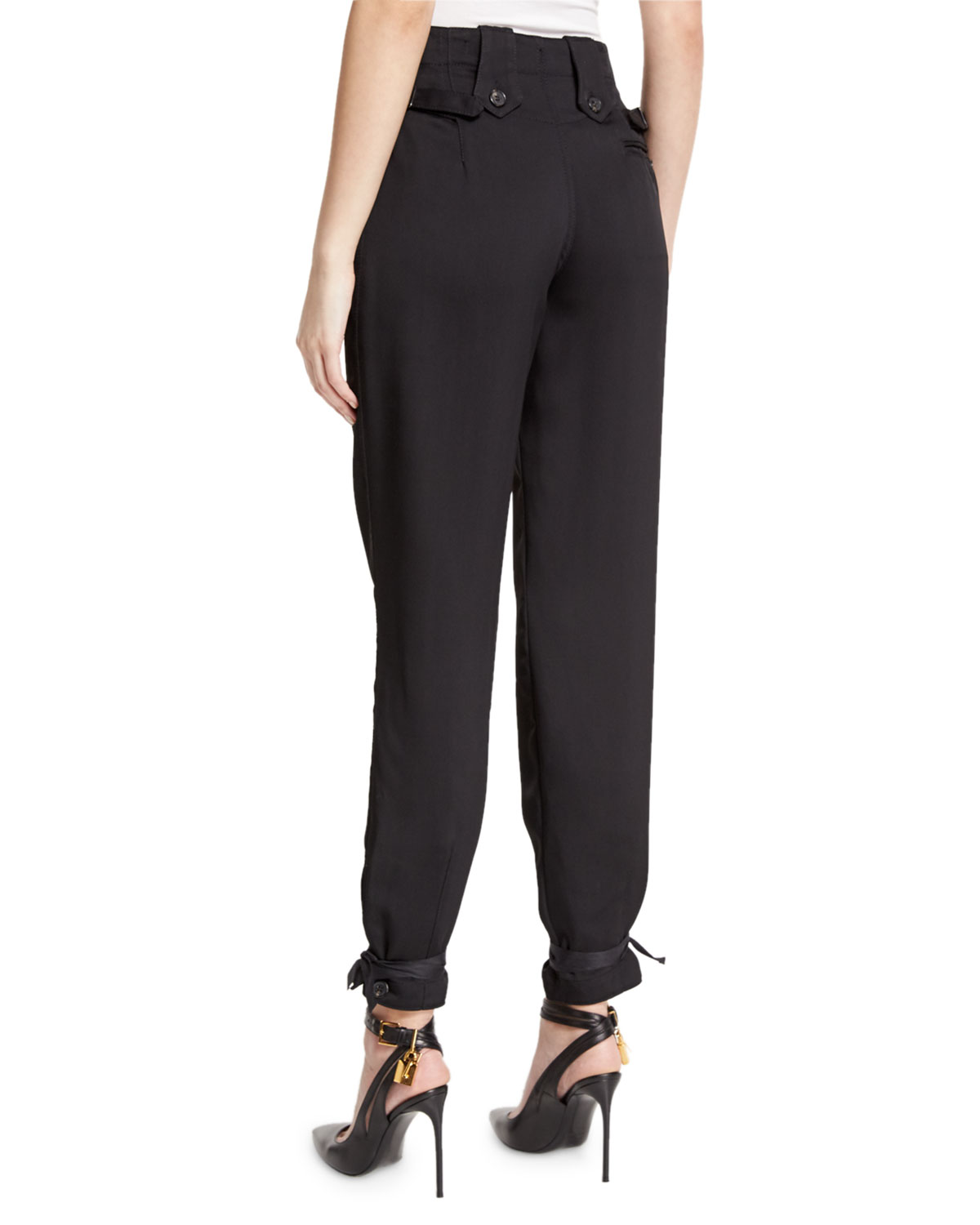 High-Waist Drawstring-Ankle Pants, Black