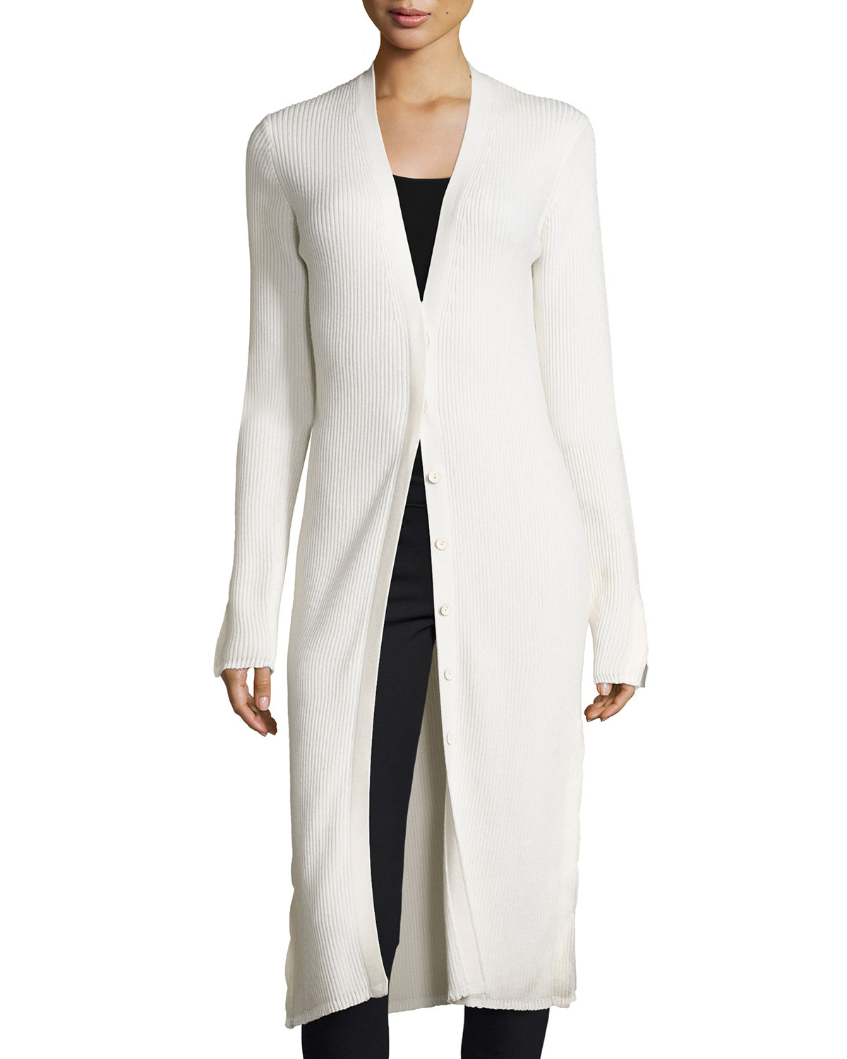 Long Ribbed Wool-Blend Cardigan, White