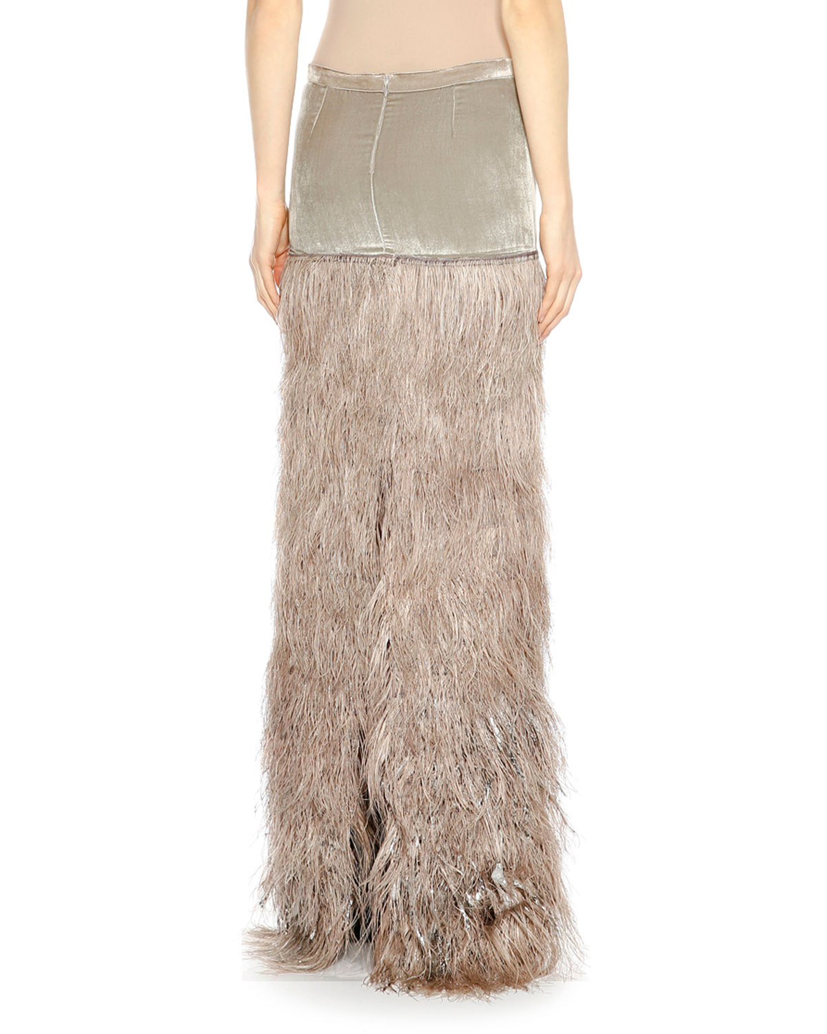 Feather-Embellished Column Maxi Skirt, Slate/Beige