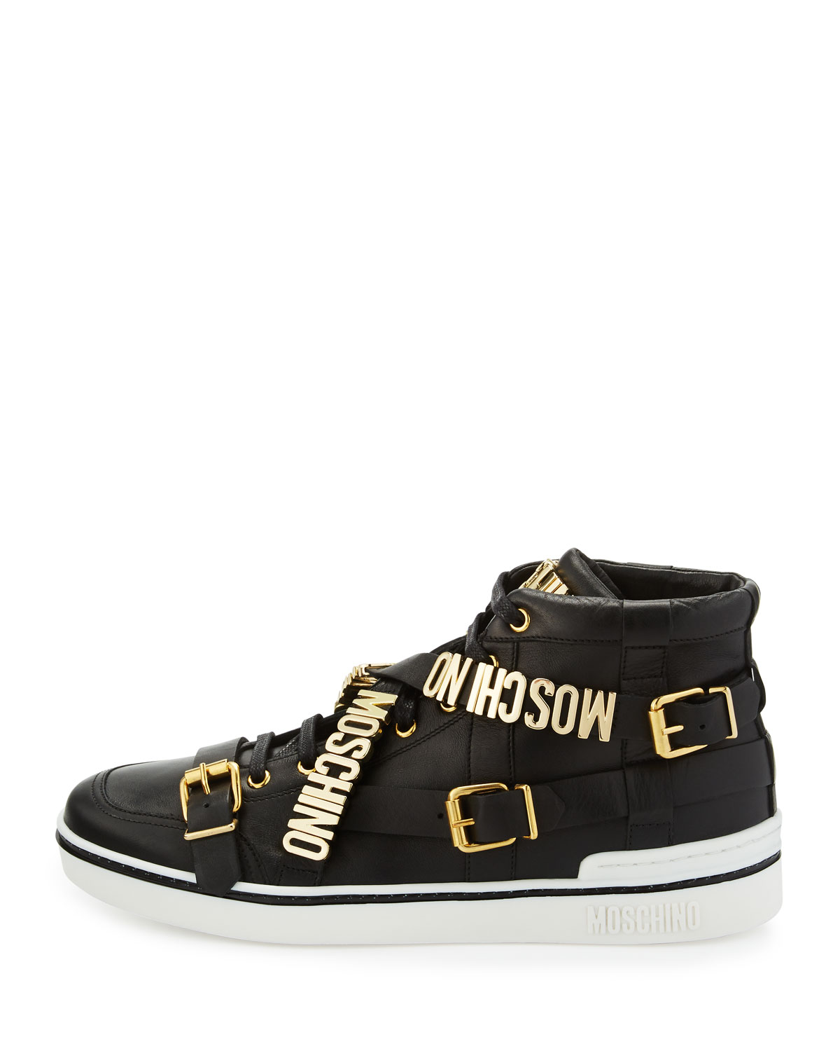 Multi-Strap Leather High-Top Sneaker, Black