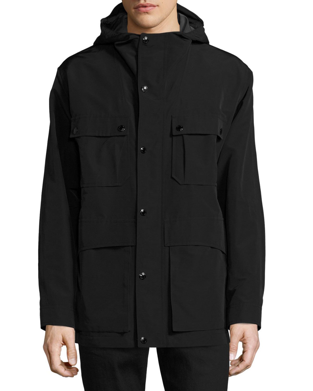 Hooded 4-Pocket Field Jacket, Black