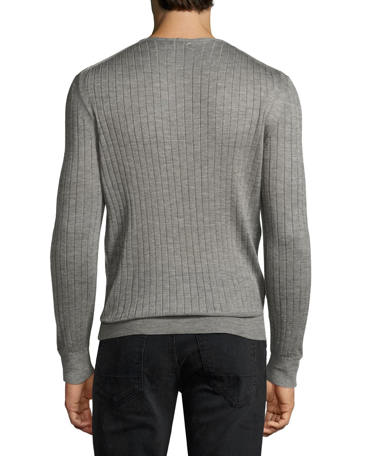 Lightweight Cashmere-Silk Ribbed Henley, Light Gray