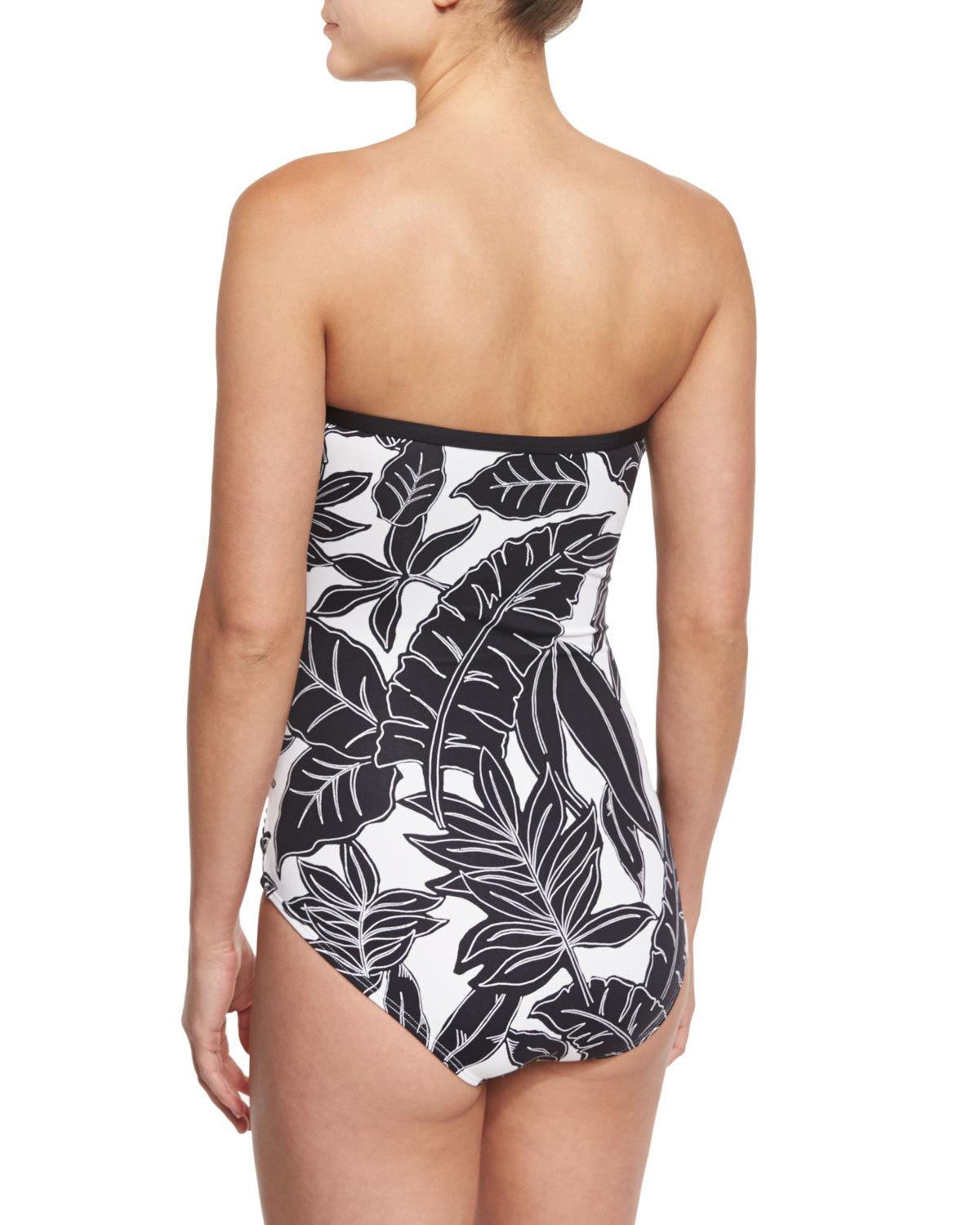 Leaf-Print Bandeau One-Piece Swimsuit