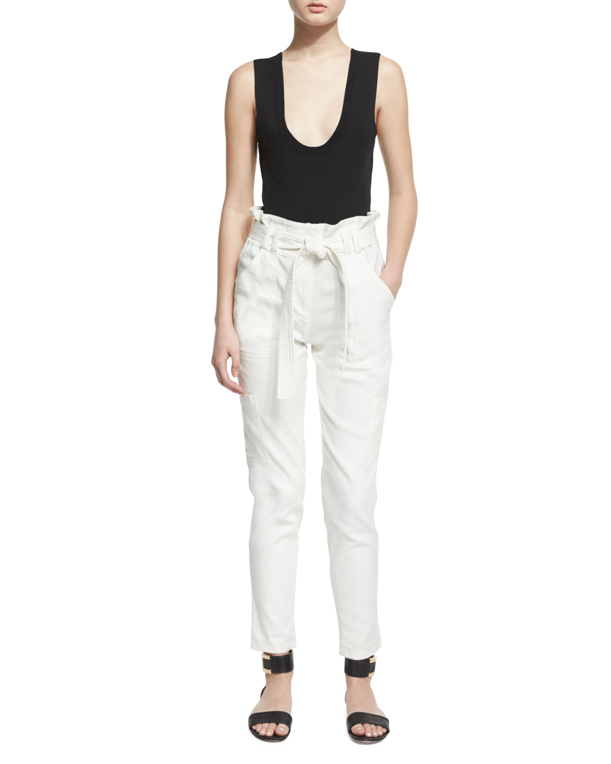 Lee Cropped Paperbag-Waist Pants, White