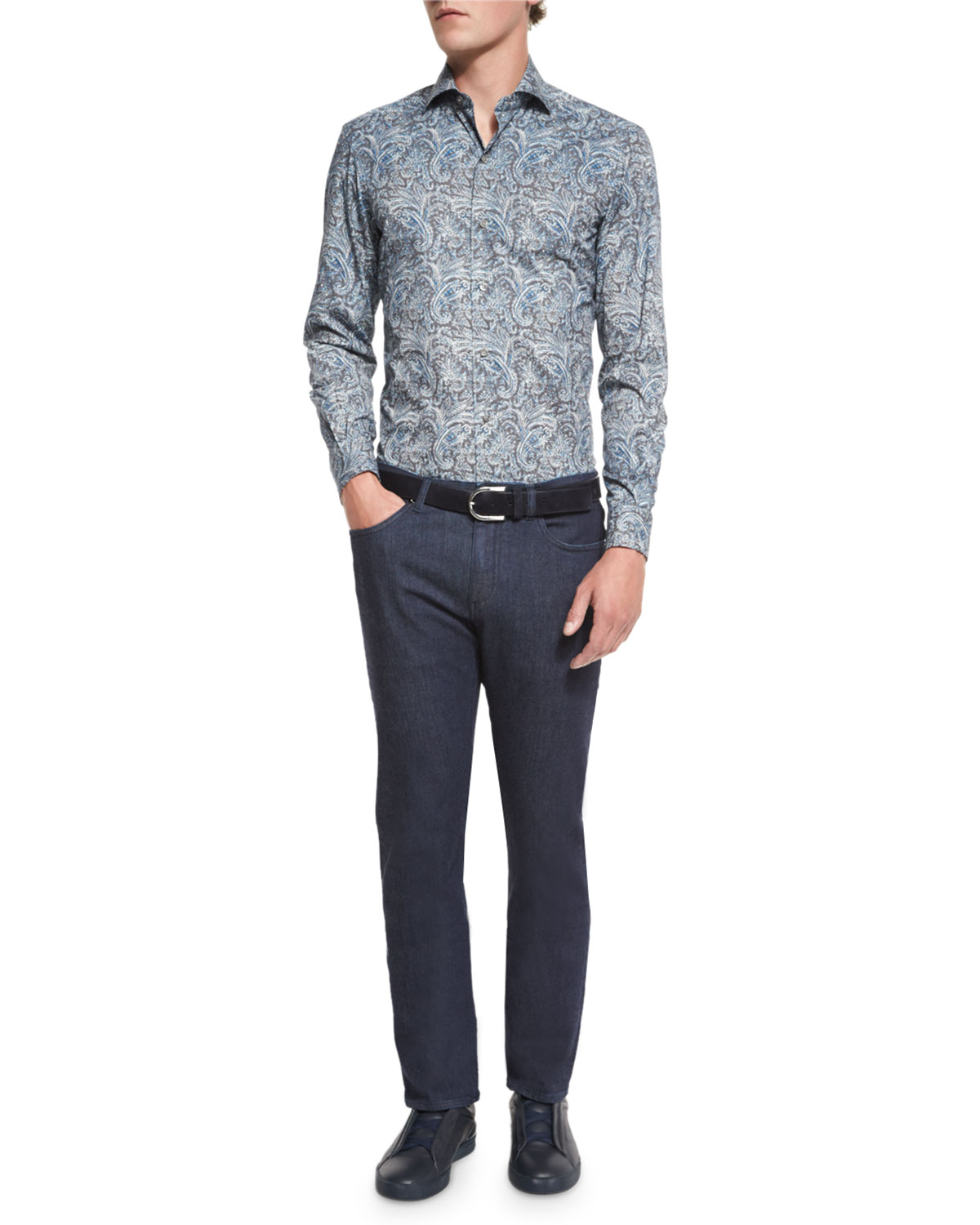 Paisley-Print Long-Sleeve Sport Shirt, Teal