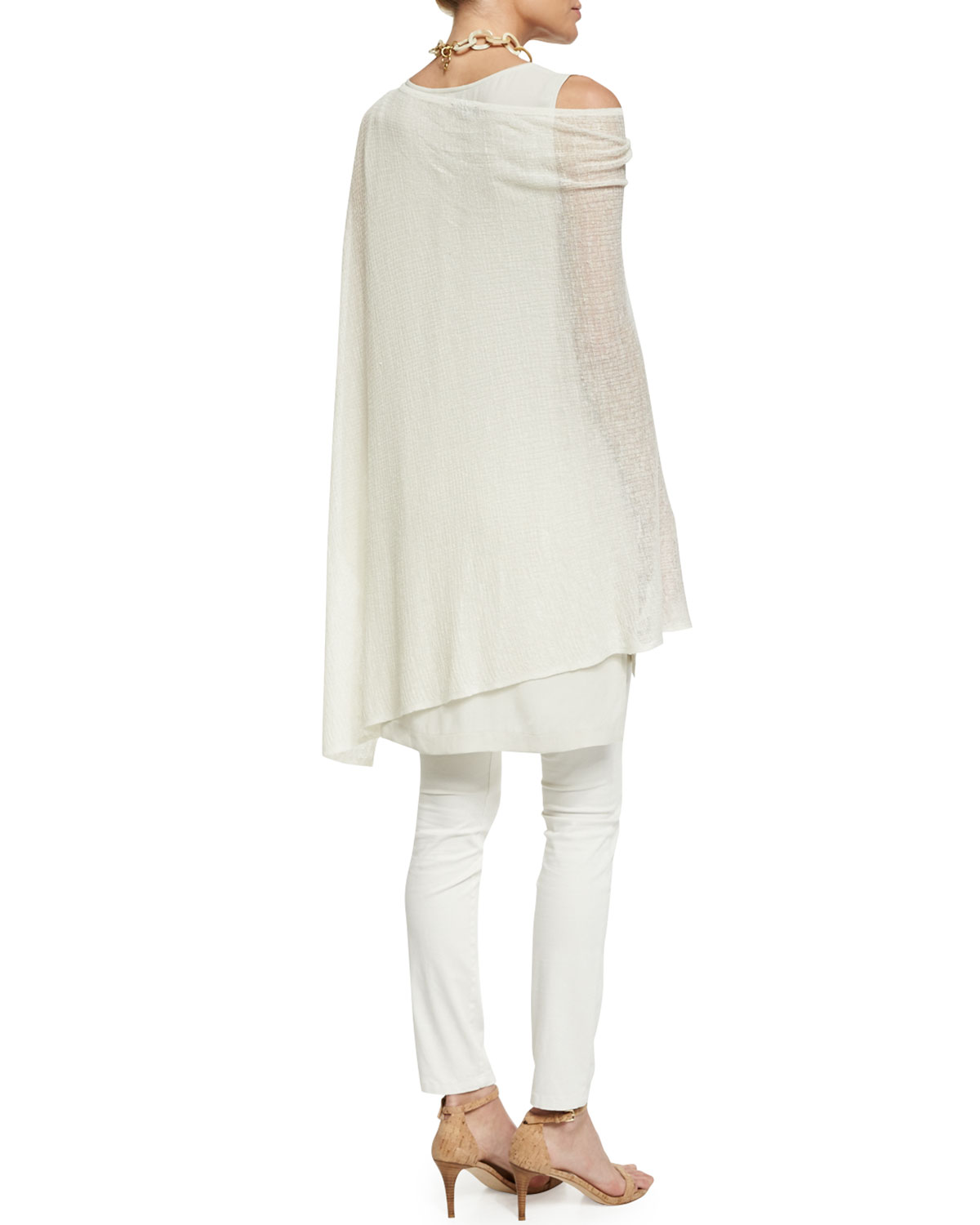 Sheer Hemp-Blend Grid Poncho, Bone, Plus Size 