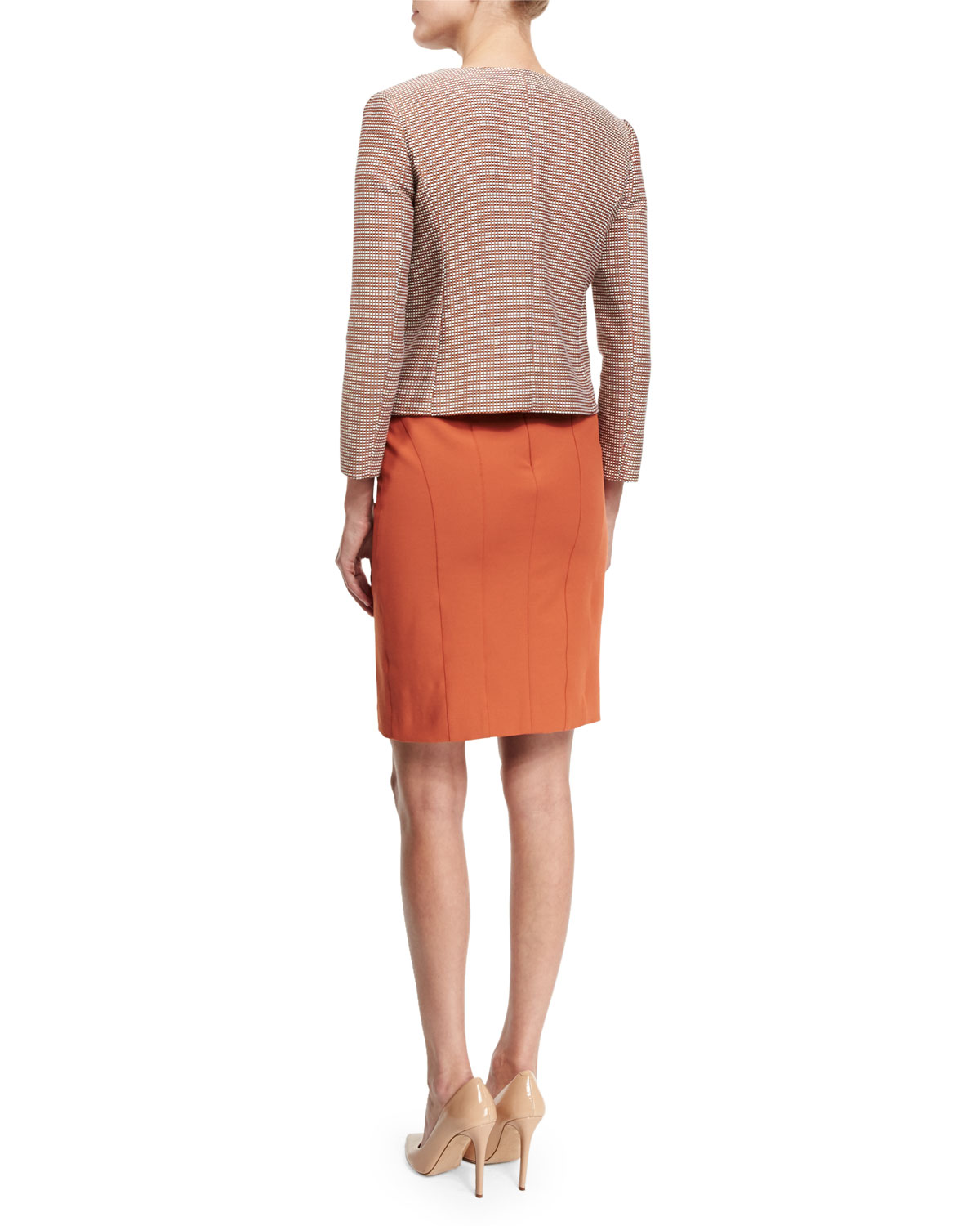 Short-Sleeve Seamed Sheath Dress, Burnt Sienna