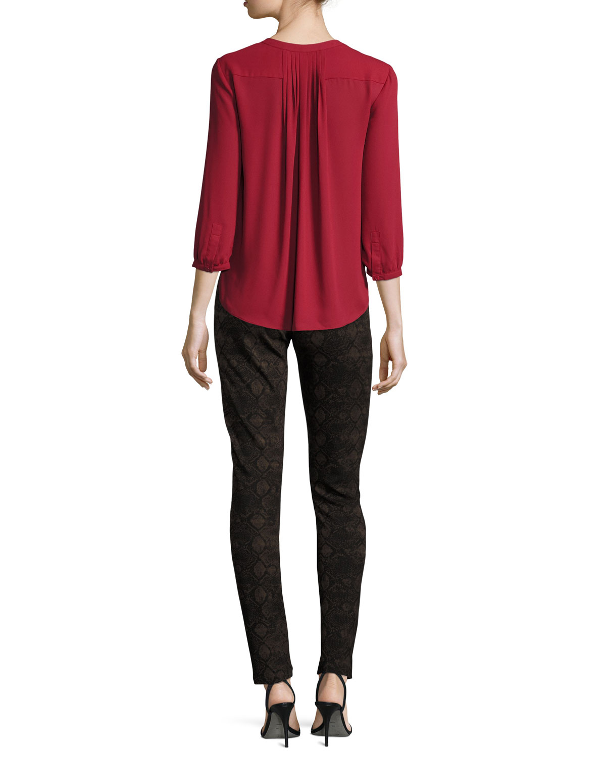 3/4-Sleeve Pleated-Back Blouse, Crimson Red