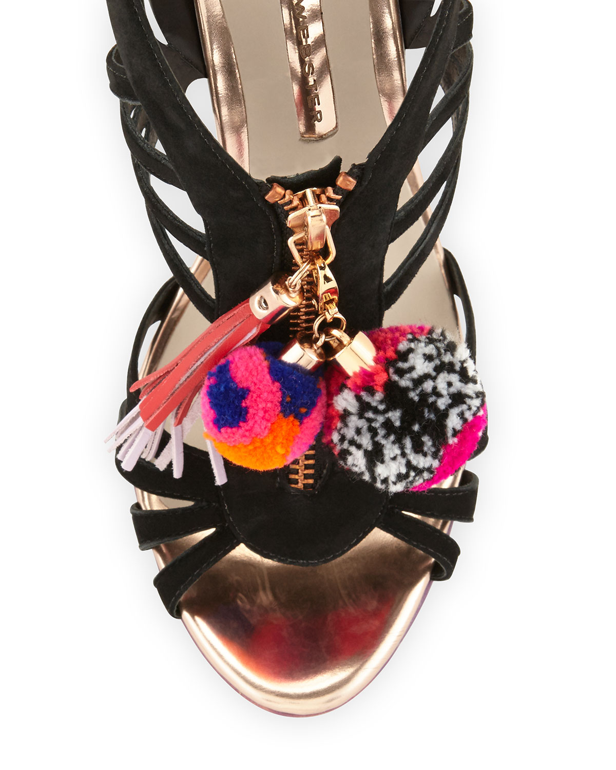 Yasmina Pompom Suede 100mm Sandal, Black