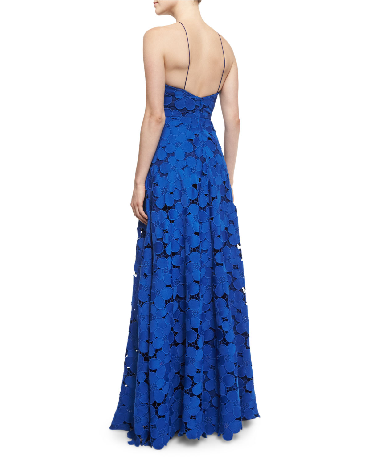 Floral-Lace Sleeveless Halter Gown, Royal Blue