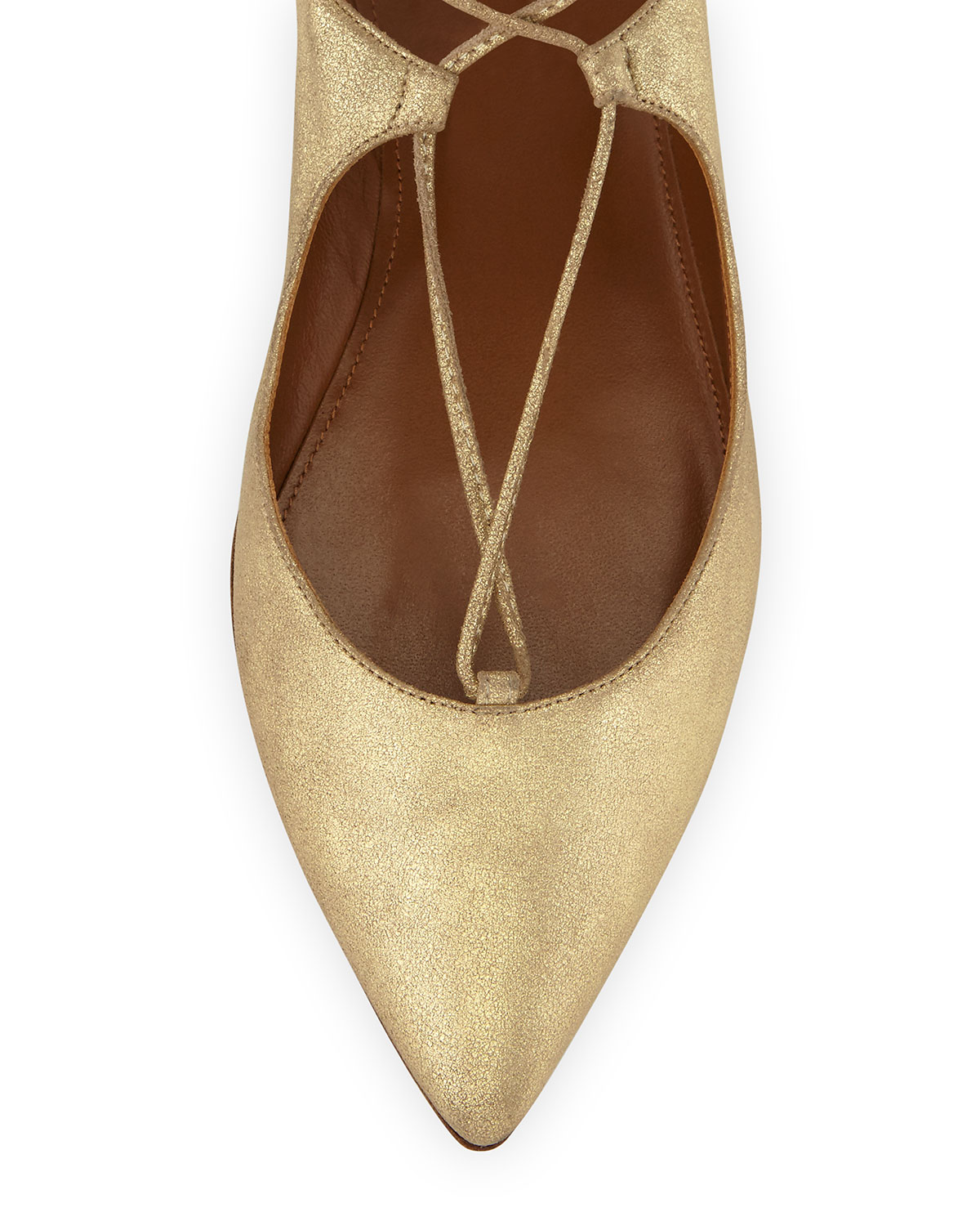 Christy Lace-Up Pointed-Toe Flat, Light Gold