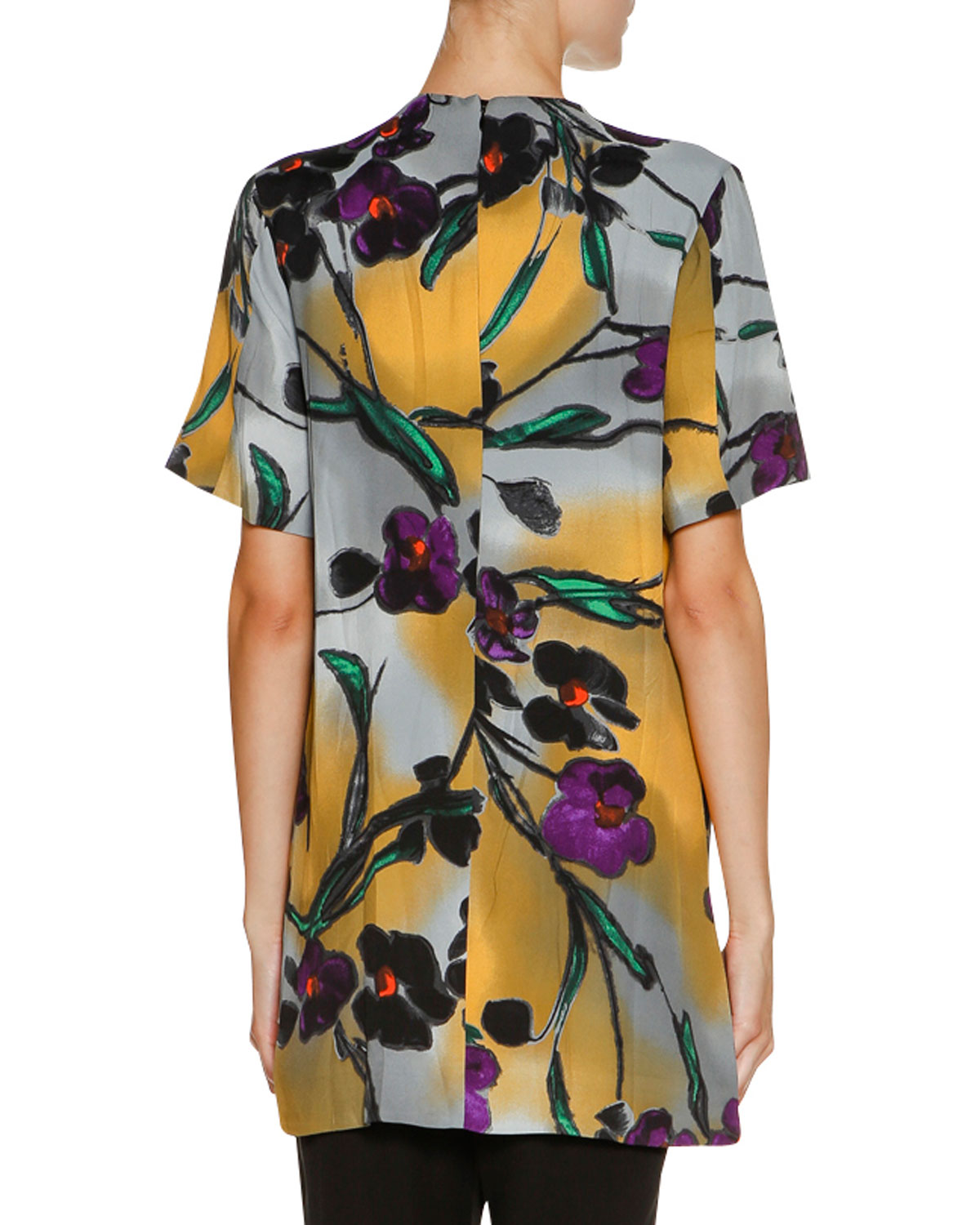 Floral V-Neck Short-Sleeve Tunic, Dark Smoke