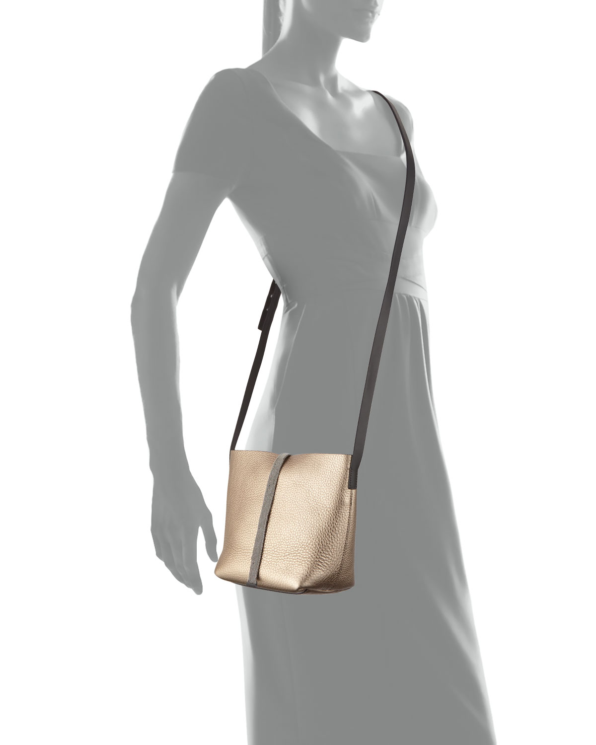 Monili-Stripe Medium Bucket Bag, Rose Gold