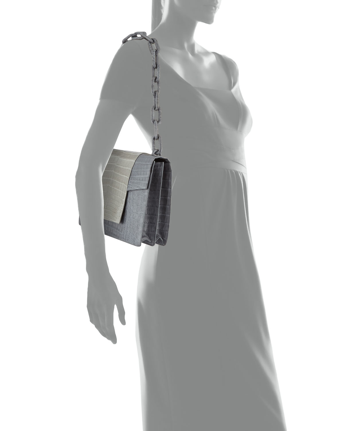 Bicolor Crocodile Flap-Top Chain Shoulder Bag, Gray Matte