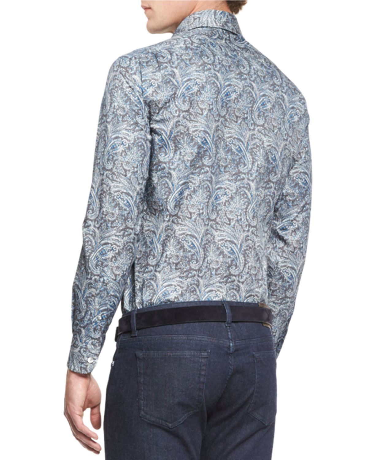 Paisley-Print Long-Sleeve Sport Shirt, Teal