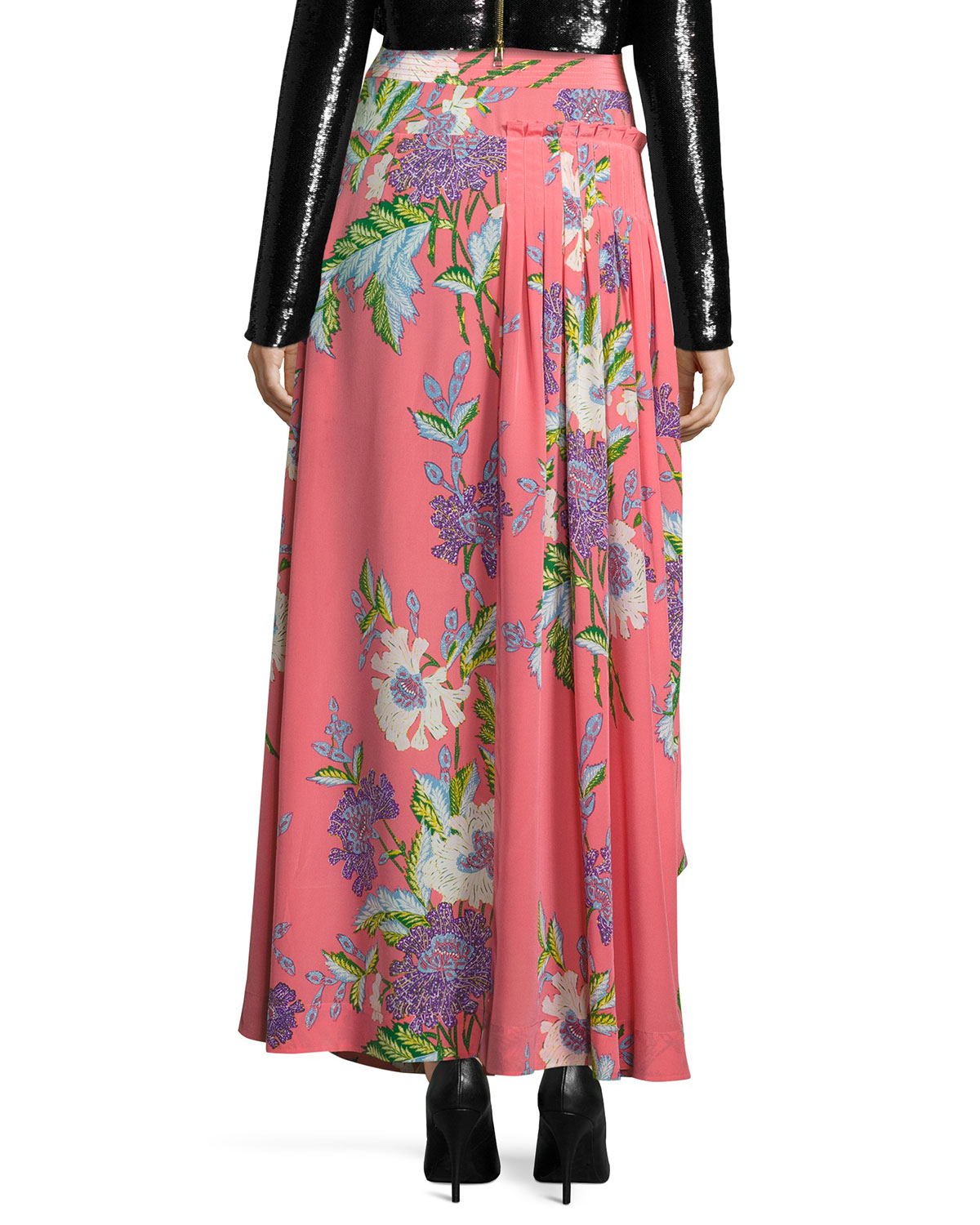 Floral-Print D-Ring Silk Midi Skirt, Pink