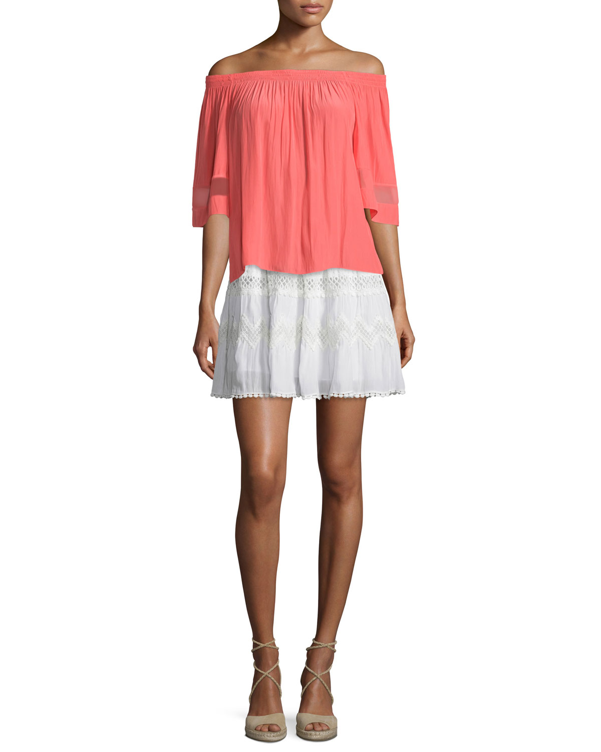 Francesca Crochet-Inset A-Line Skirt, Ivory