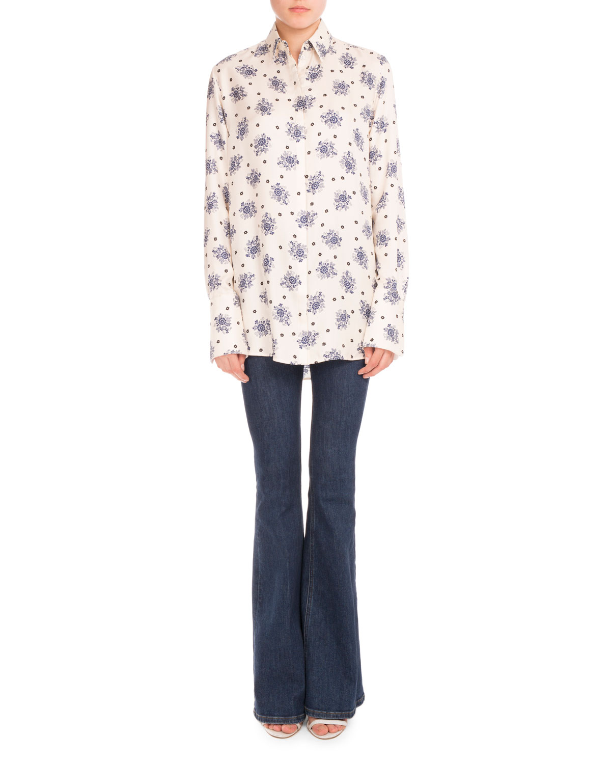 Floral-Print Tuxedo-Cuff Blouse, Willow