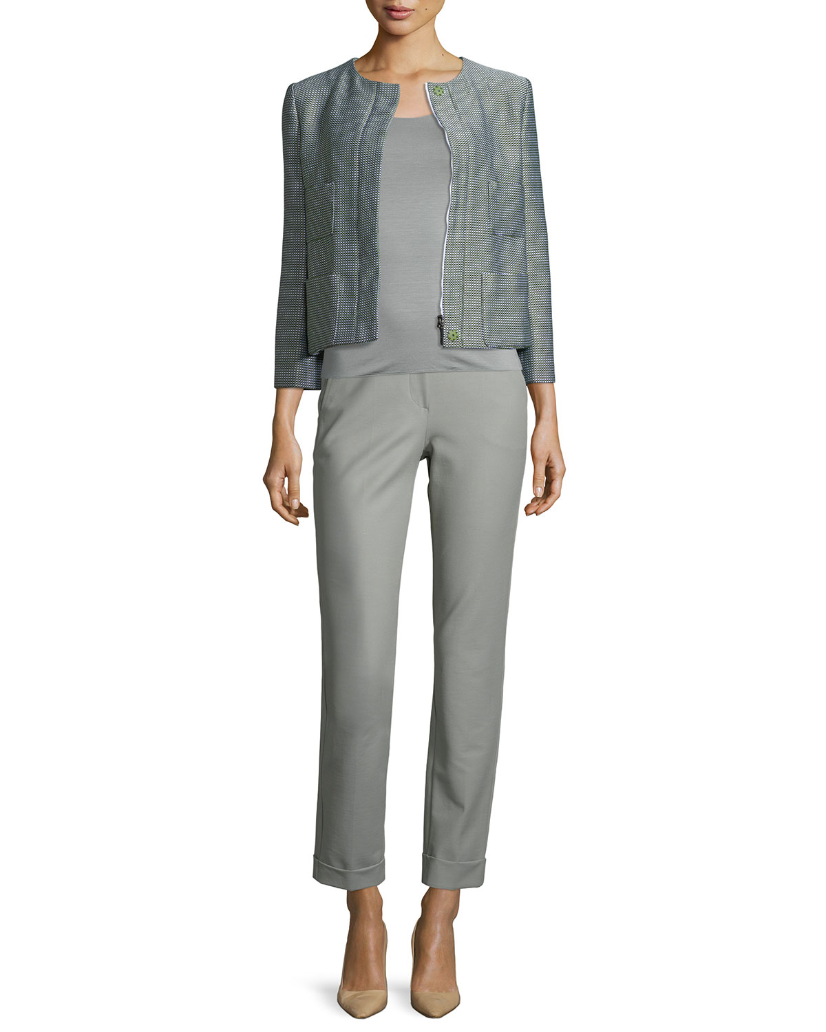 Stretch-Cuff Slim-Leg Ankle Pants, Light Gray