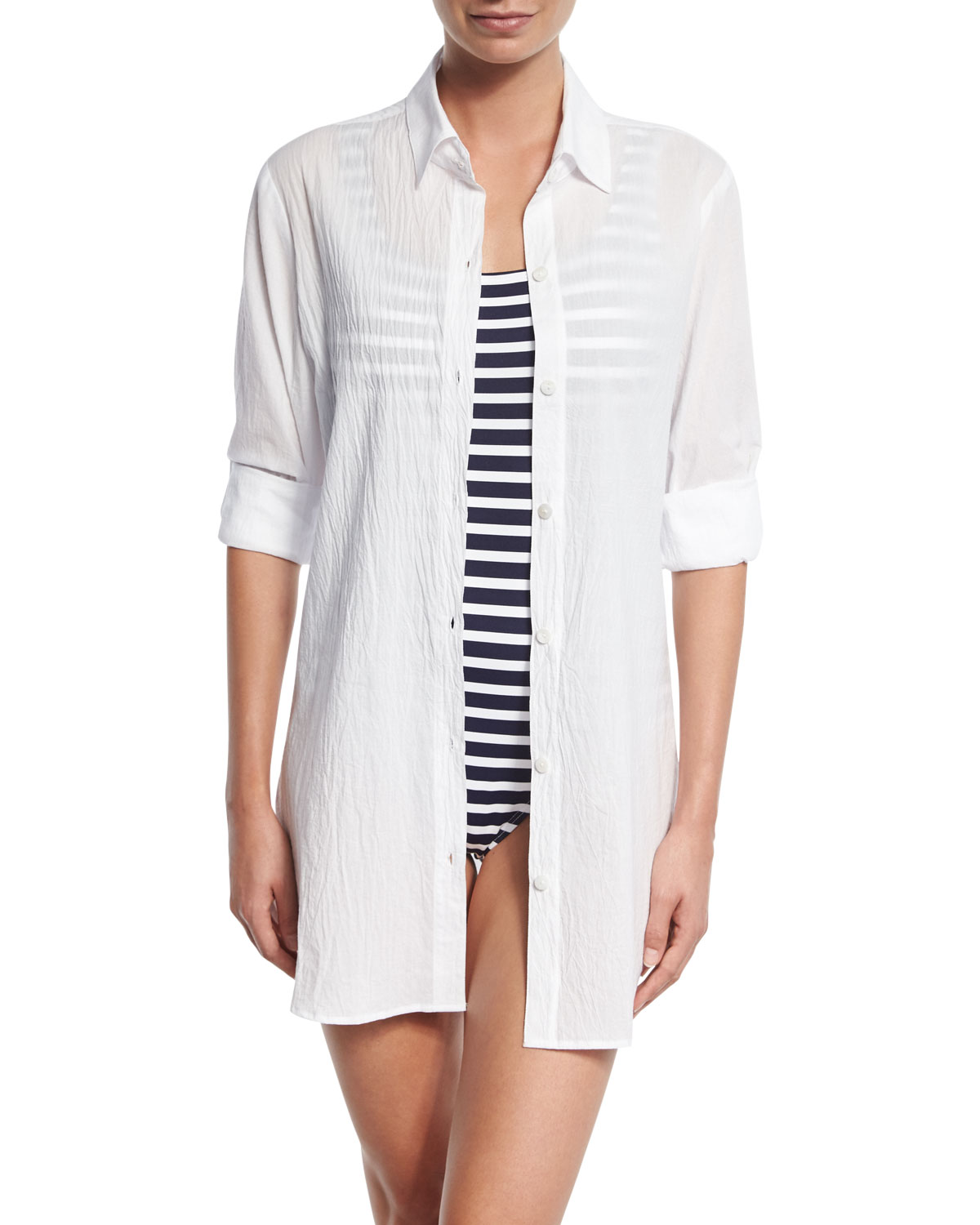 Crinkled-Cotton Boyfriend Coverup Shirt