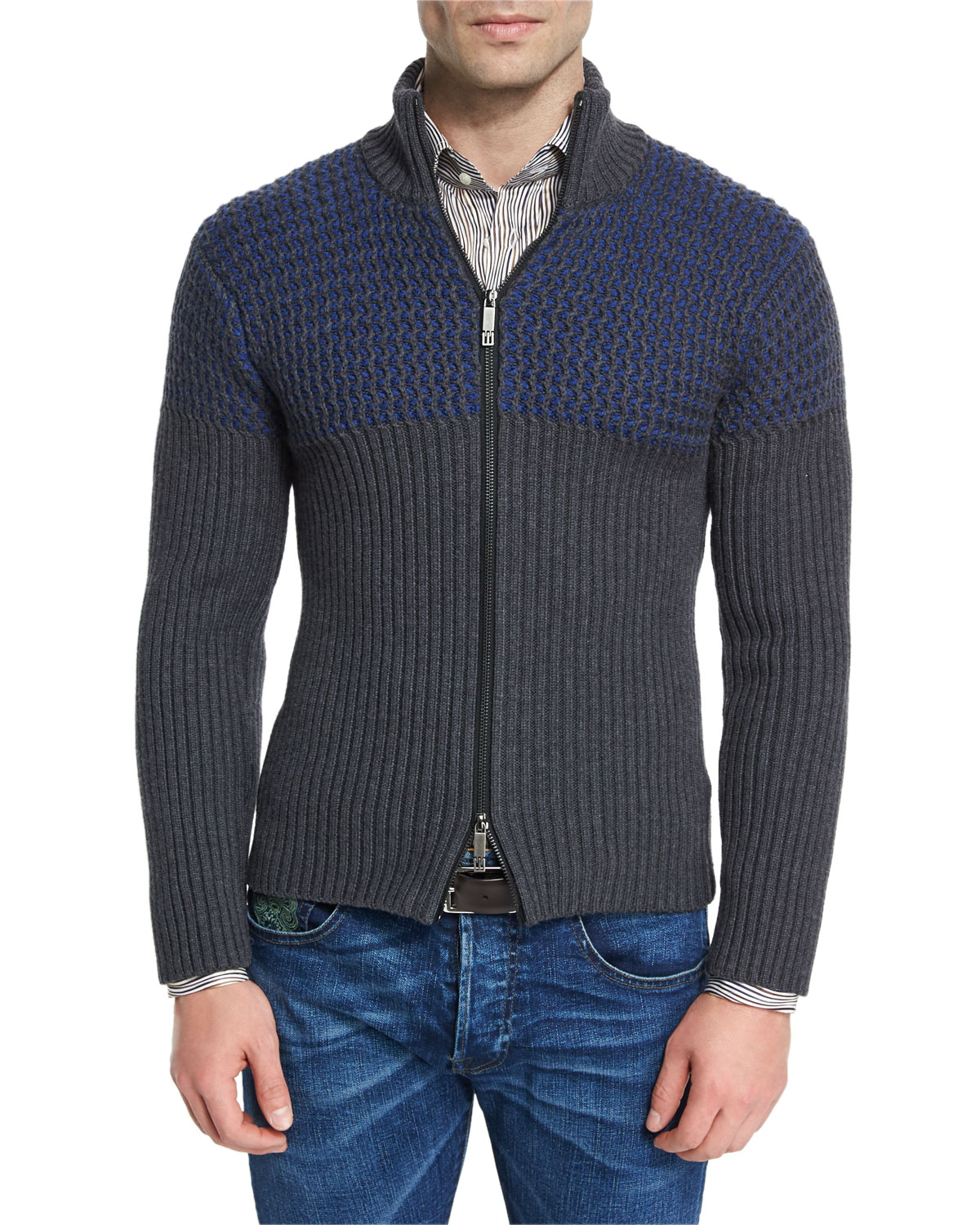 Colorblock Ribbed Full-Zip Cardigan