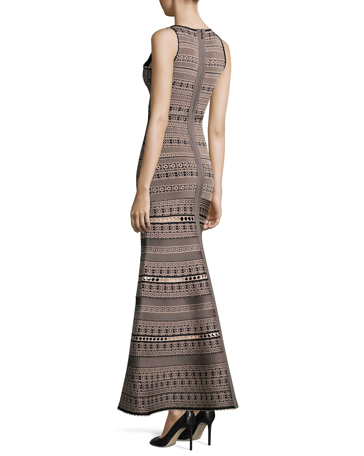 Sleeveless V-Neck Jacquard Gown, Black/Multi