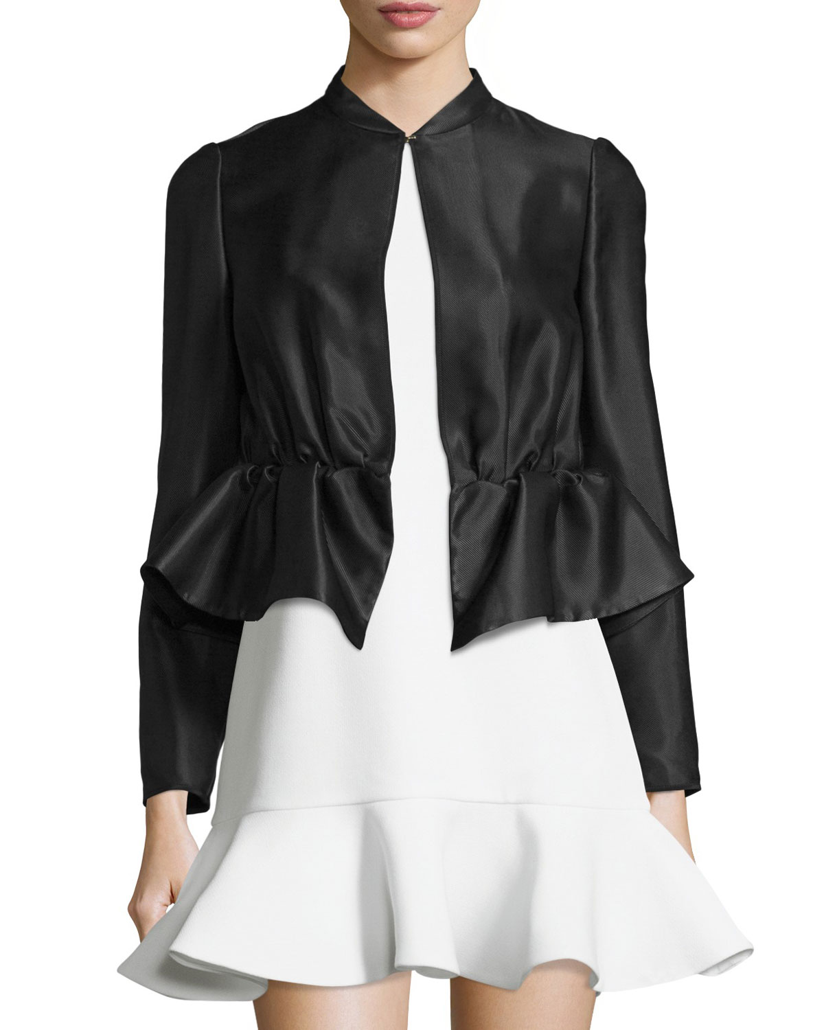 Long-Sleeve Ruffle-Hem Jacket, Black