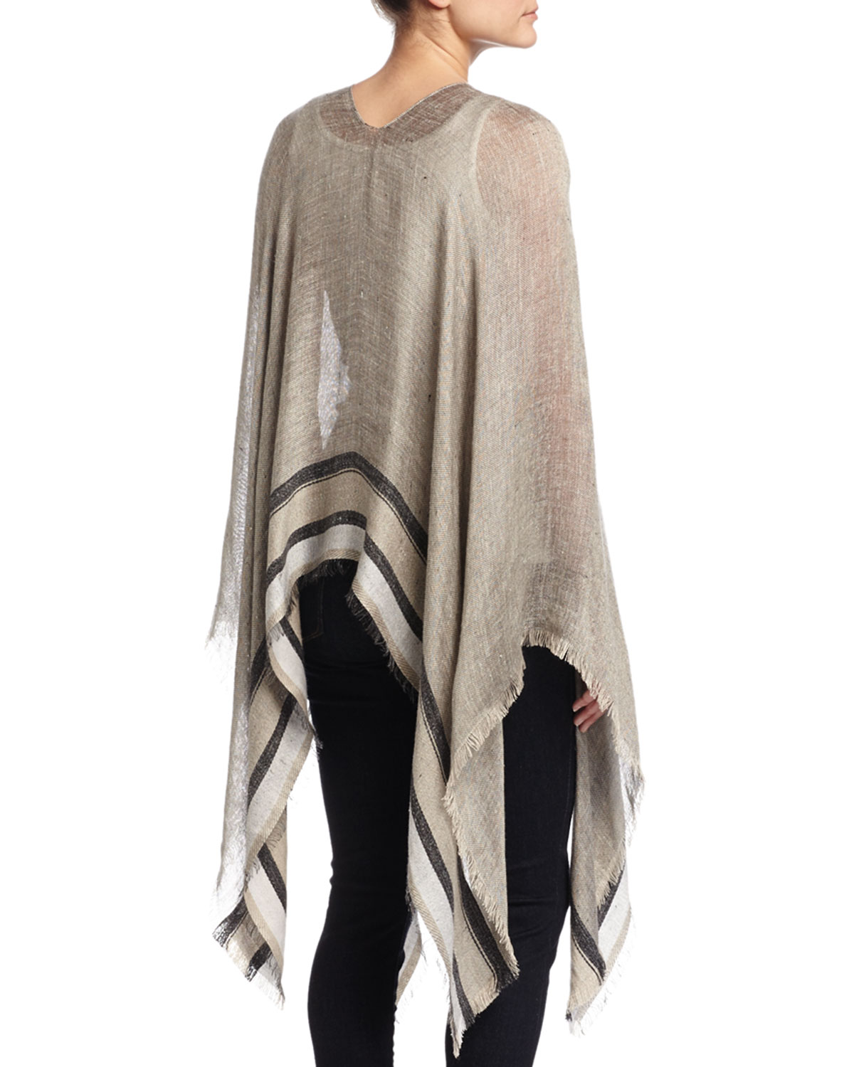 Border-Stripe V-Neck Poncho