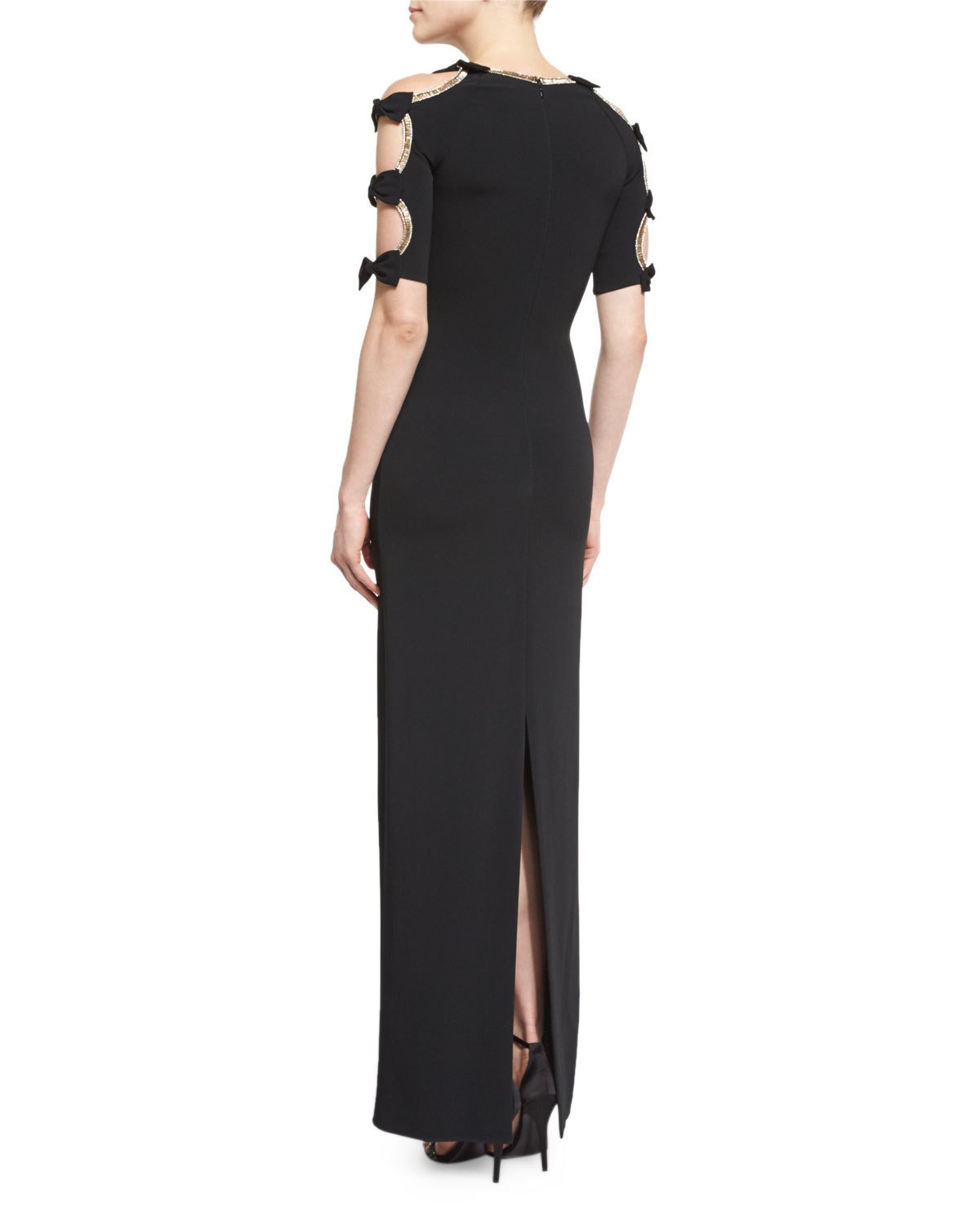 Bow-Sleeve Column Gown W/Cutouts, Black