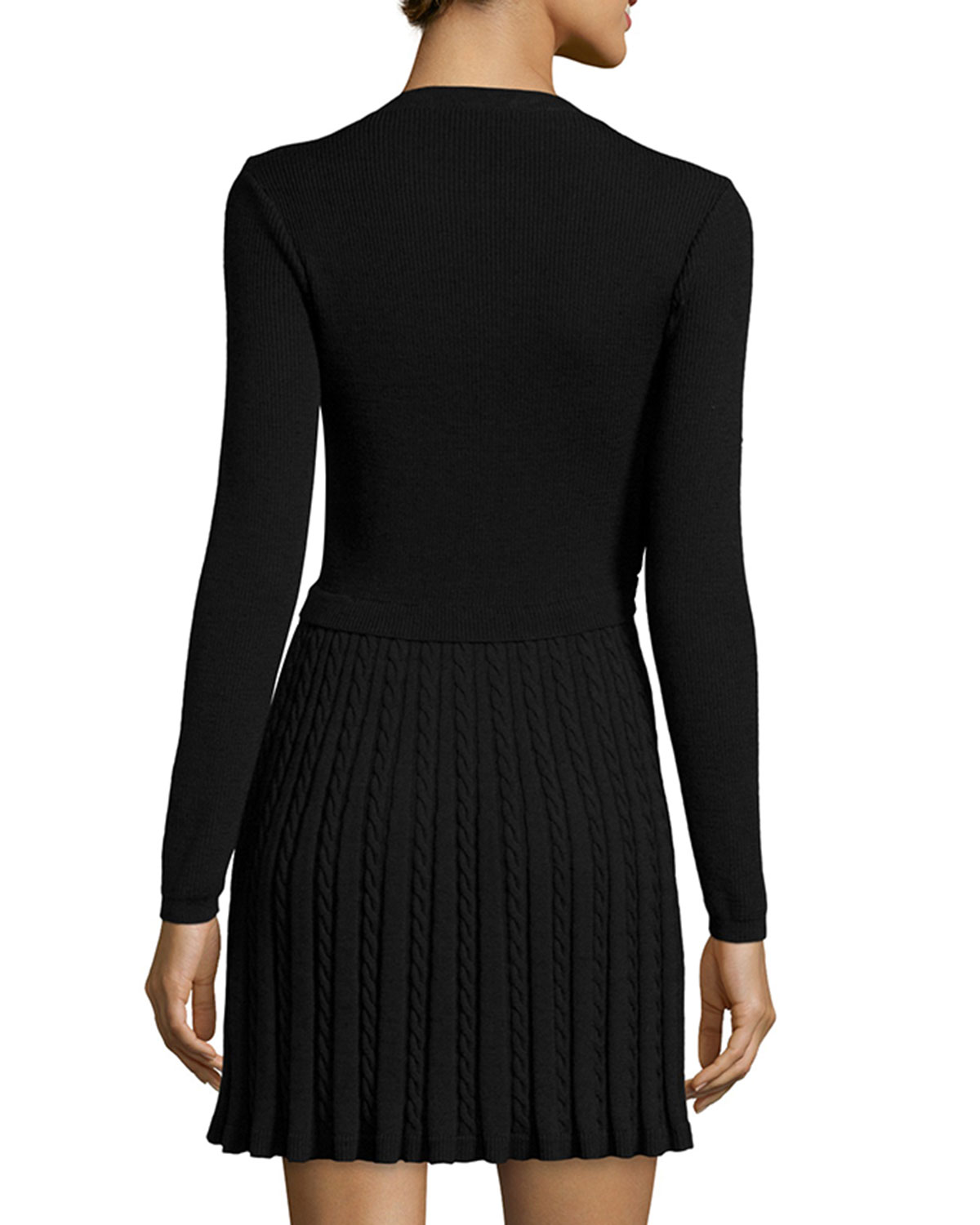 Long-Sleeve Scallop Lace-Inset Dress, Black