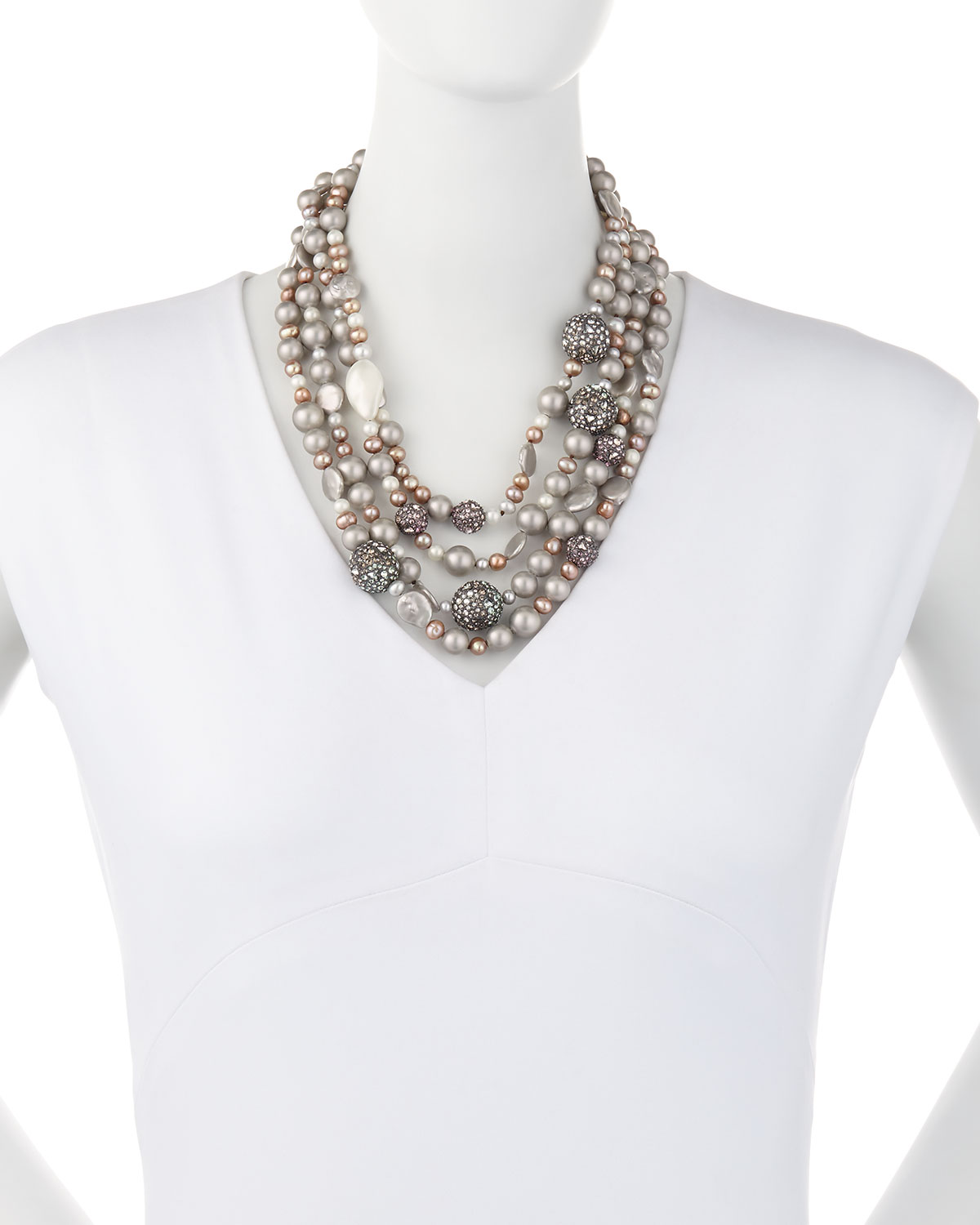 Three-Strand Pearly Bead & Pavé Sphere Bib Necklace