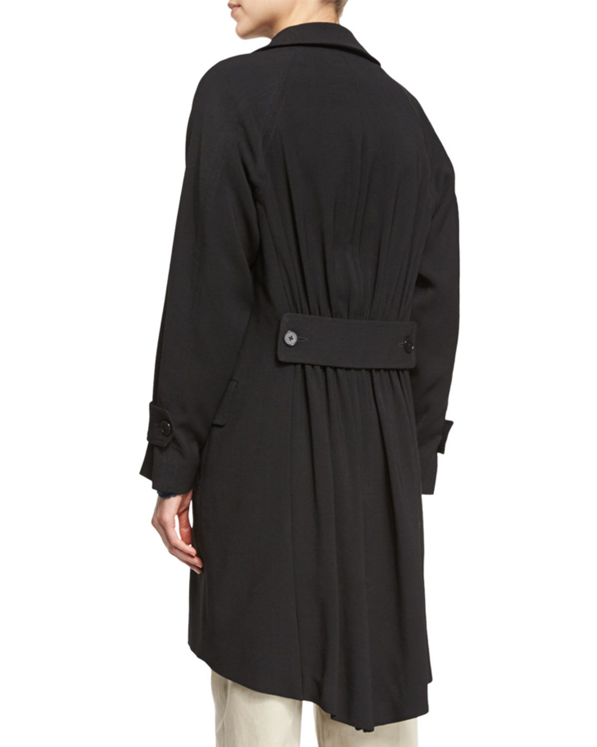 Double-Breasted Pleated-Back Trench Coat, Black