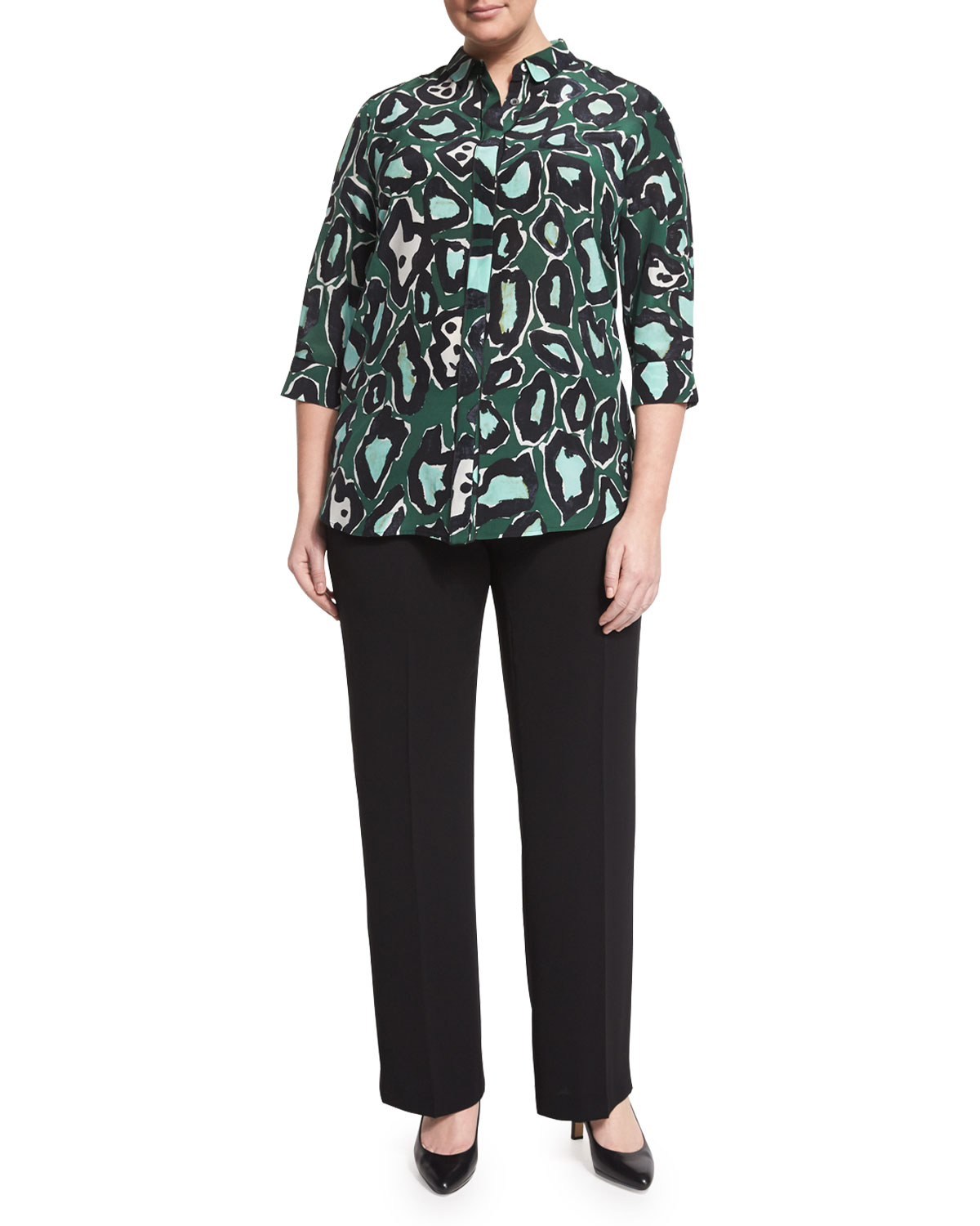 Bavarese 3/4-Sleeve Printed Silk Blouse, Plus Size 