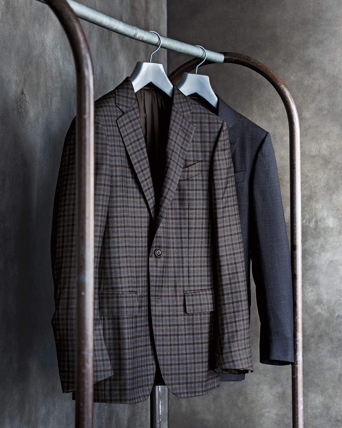 Wool Windowpane Two-Piece Suit, Charcoal