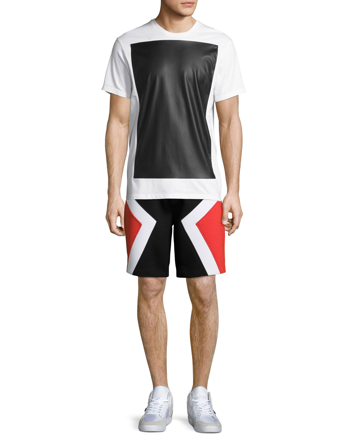 Colorblock Neoprene Shorts, Black/Red/White