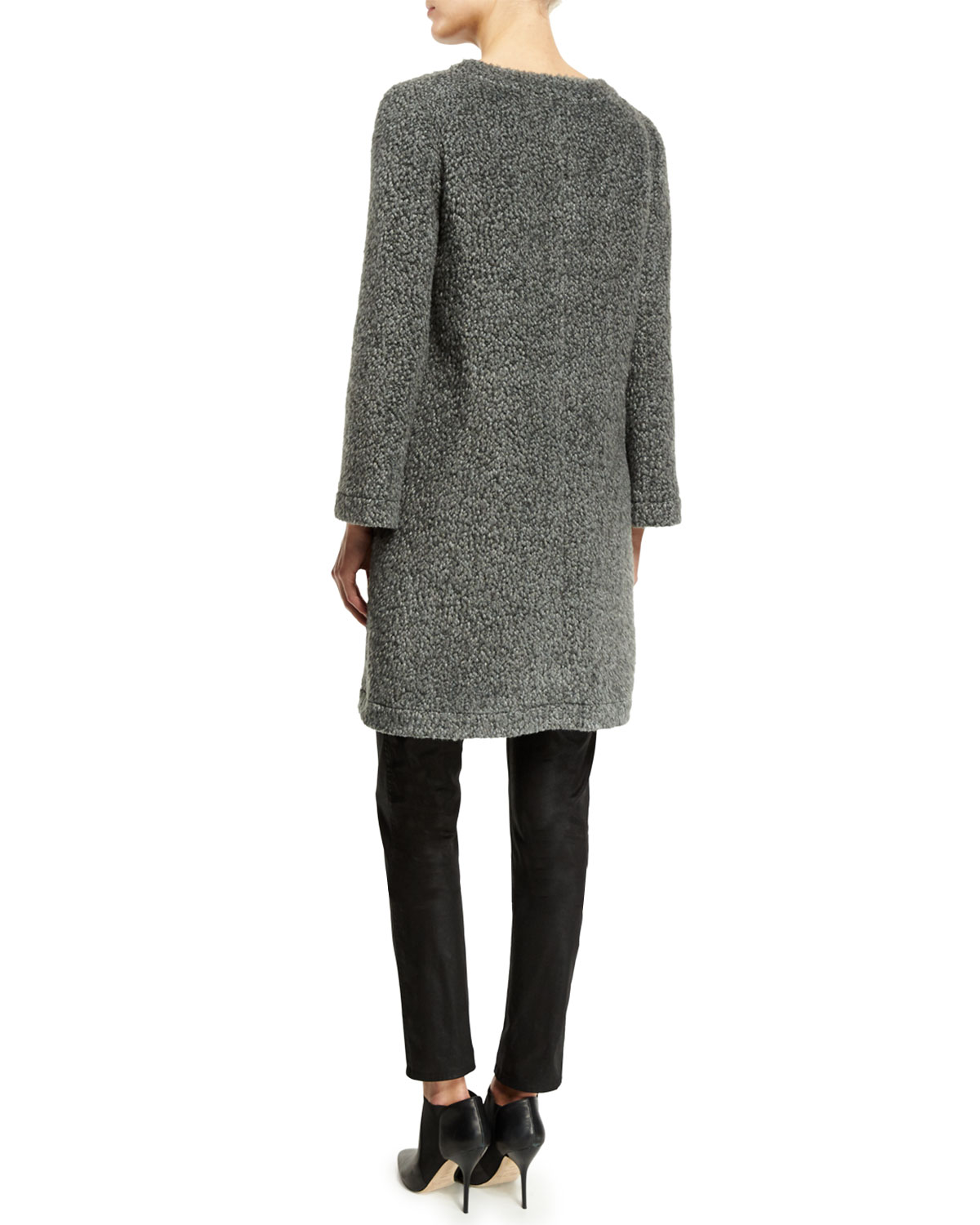 Long-Sleeve Boucle Trapeze Coat, Gray