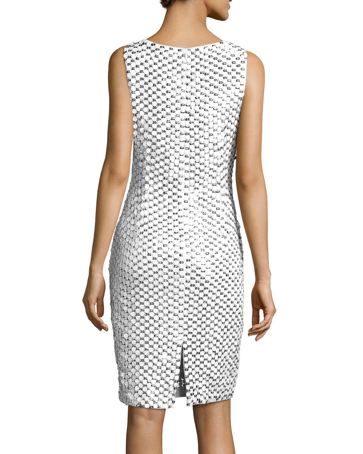 Sleeveless Mesh Lace Cocktail Dress, White/Silver