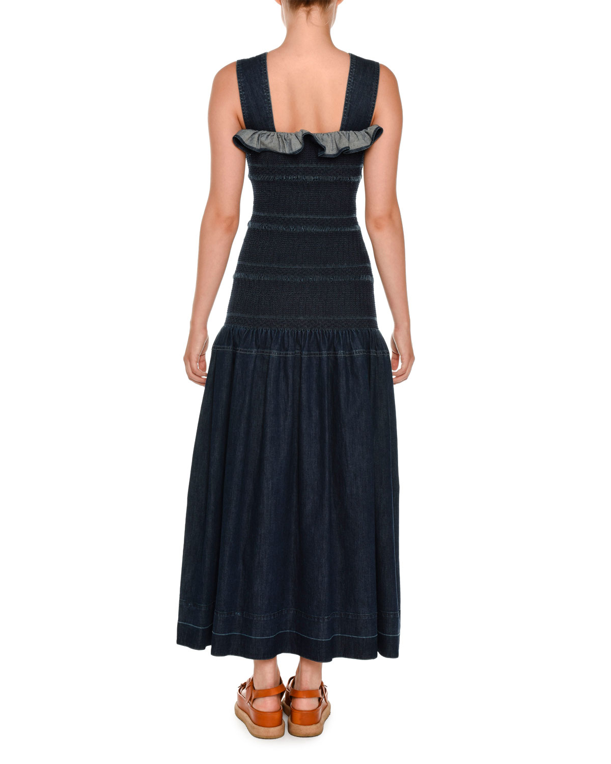 Sleeveless Smocked Denim Maxi Dress, Dark Wash