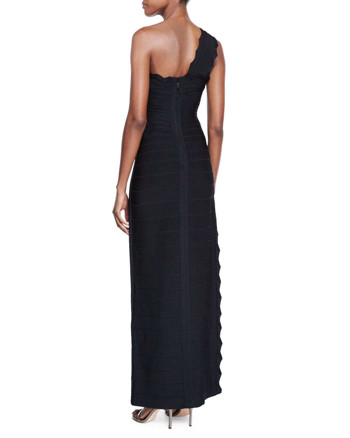 One-Shoulder Lattice Jacquard Gown, Black